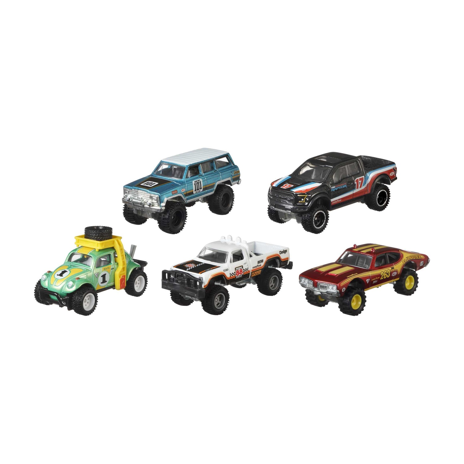 Pięć zabawek terenowych: niebieski Jeep kombi, zielony Garbus, biała ciężarówka, czarny pickup, czerwone coupe.