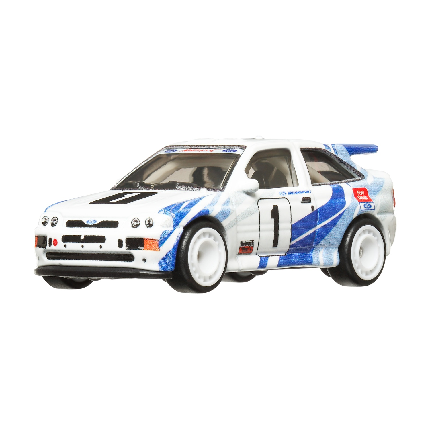 Ein weißes Spielzeugauto mit blauen Streifen und der Nummer 1.