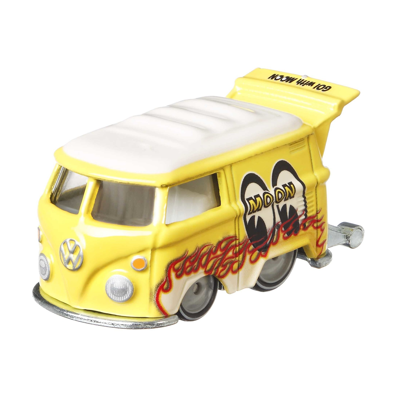 Ein gelber VW-Bus Spielzeugauto mit weißen Flammen und 
