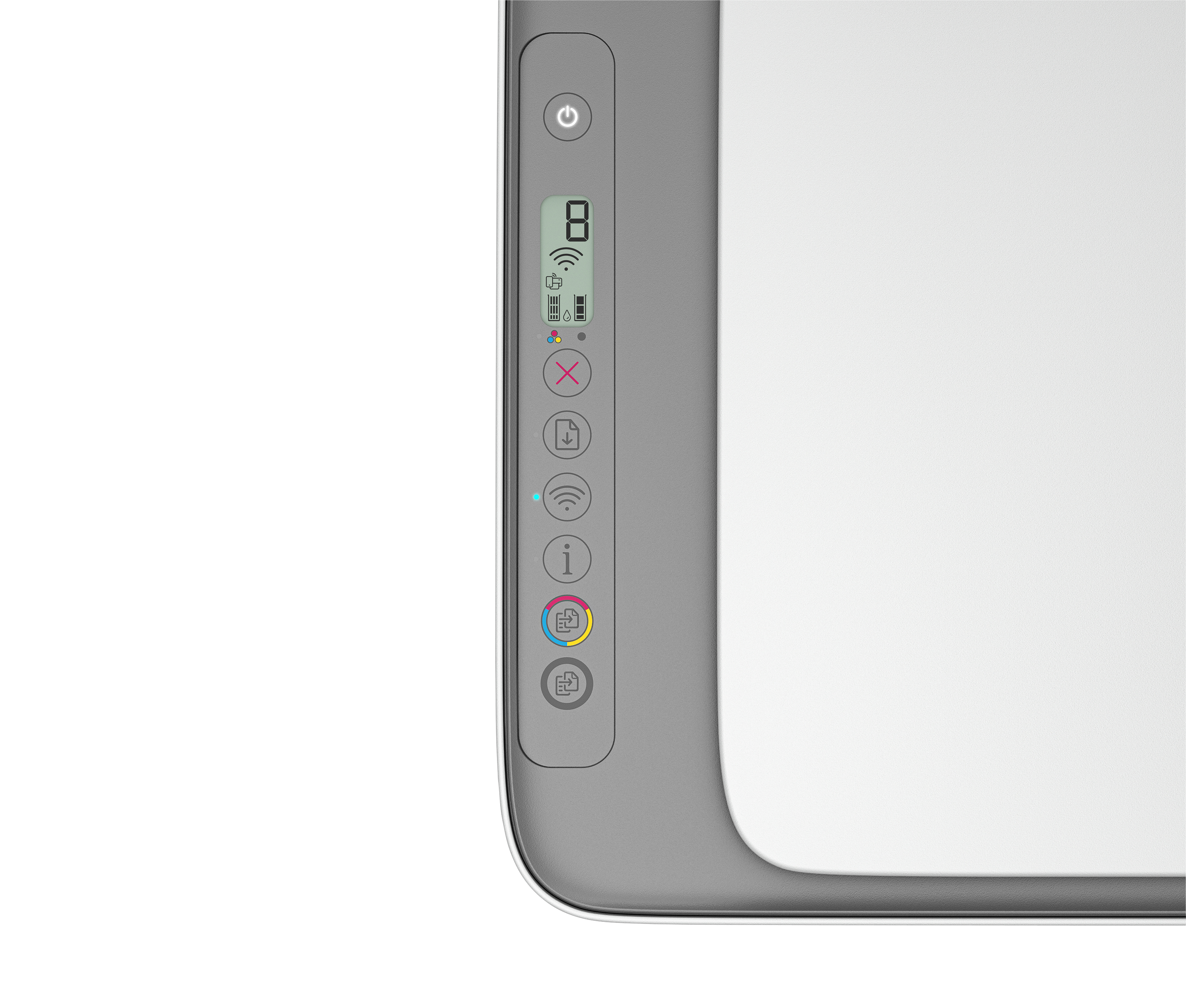 Zbliżenie panelu sterowania drukarki z przyciskami i wyświetlaczem.