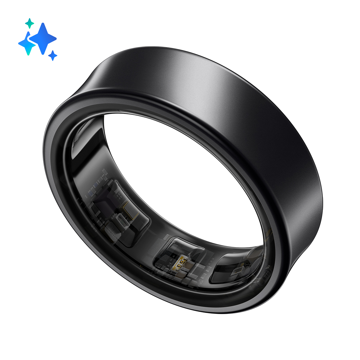 Schwarzer smarter Ring mit sichtbarer Elektronik und blauen Sternen.