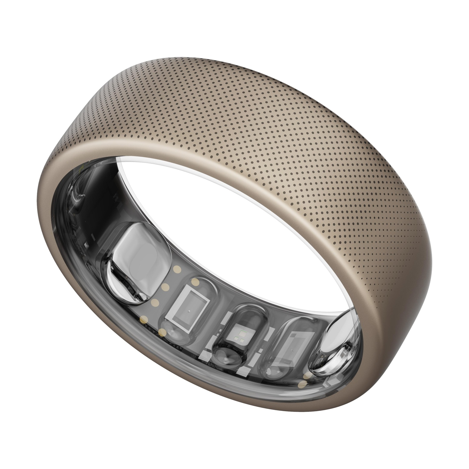 Ein goldener Ring mit sichtbaren elektronischen Komponenten und kleinen Löchern.