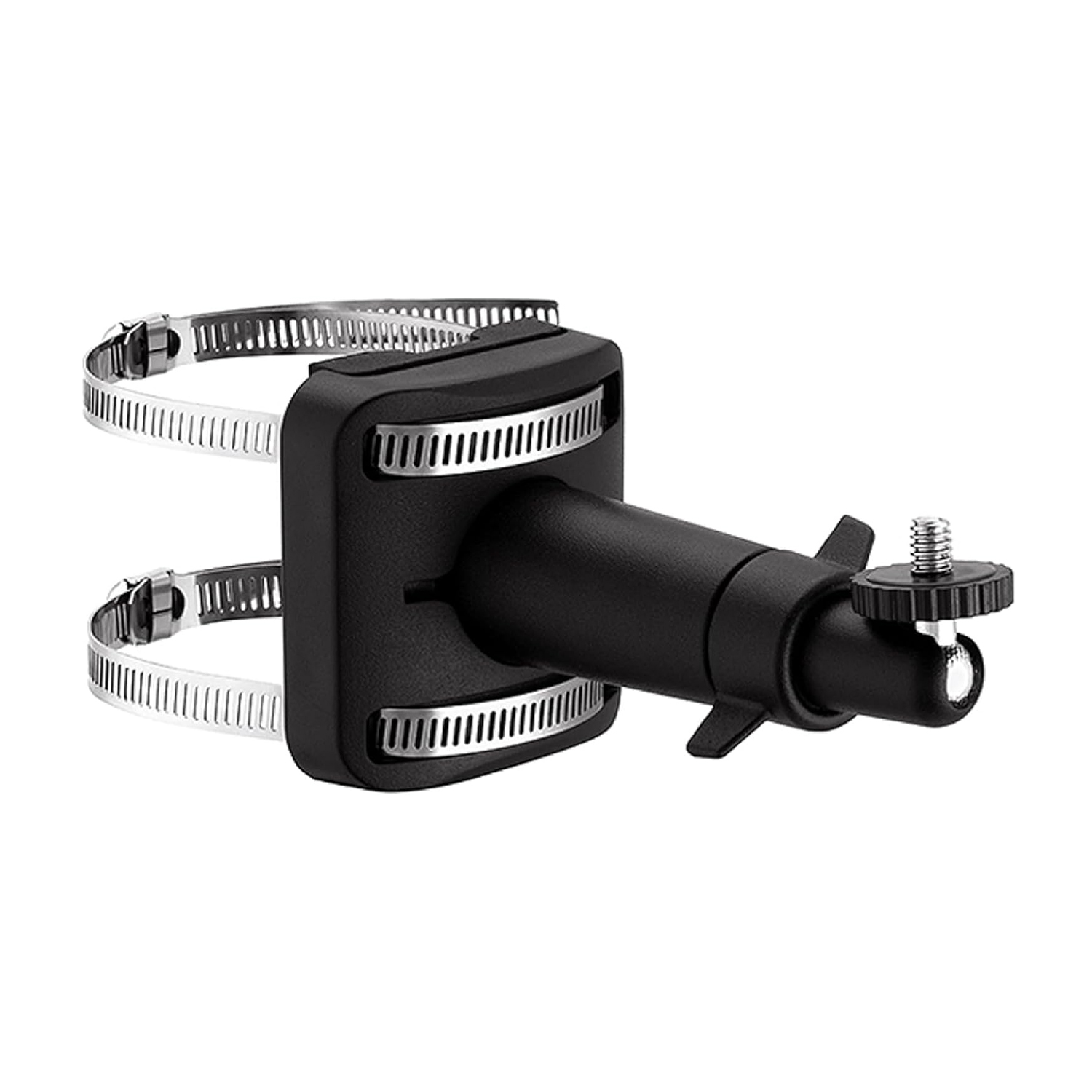 Black pole mount bracket with two metal clamps and adjustable joint.