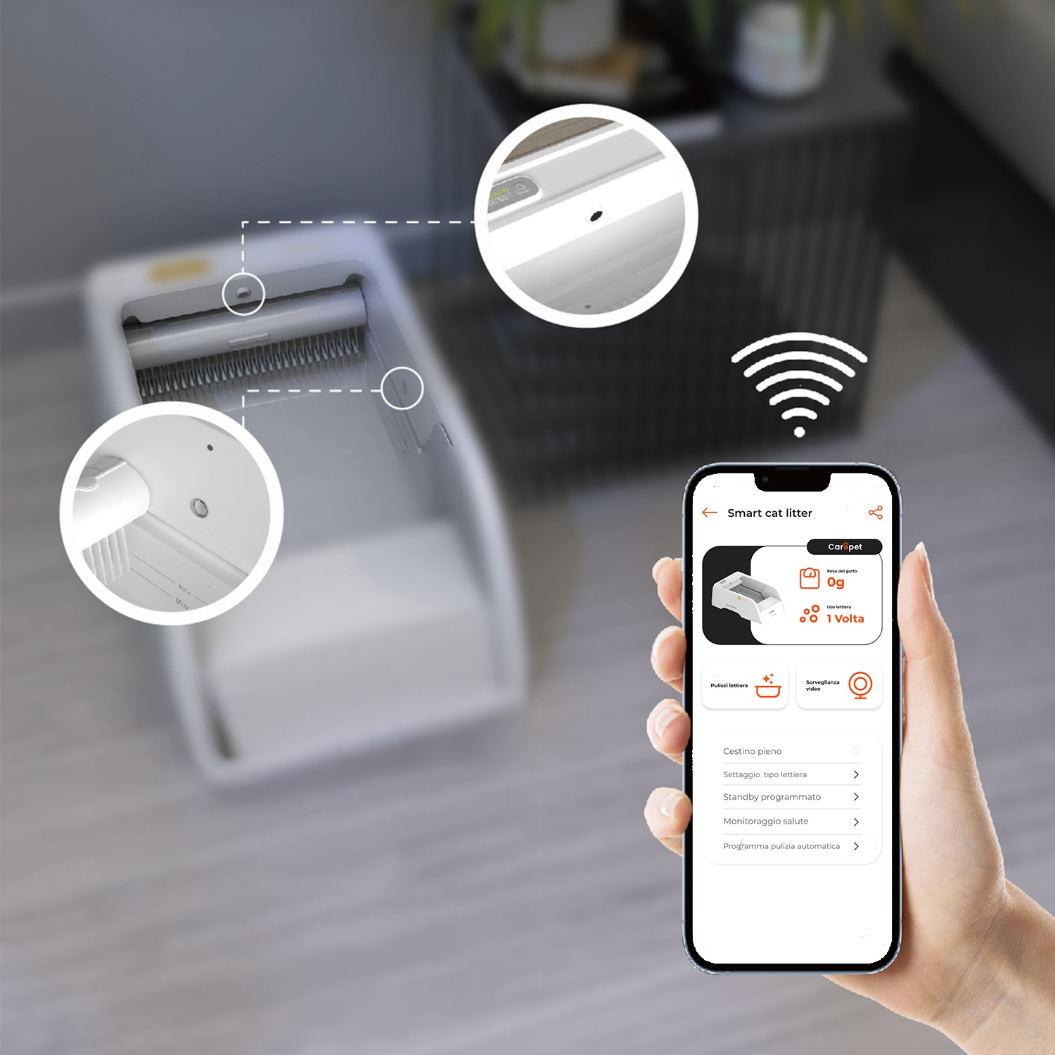 Uno smartphone mostra un'app per una lettiera per gatti smart con pannelli di controllo.