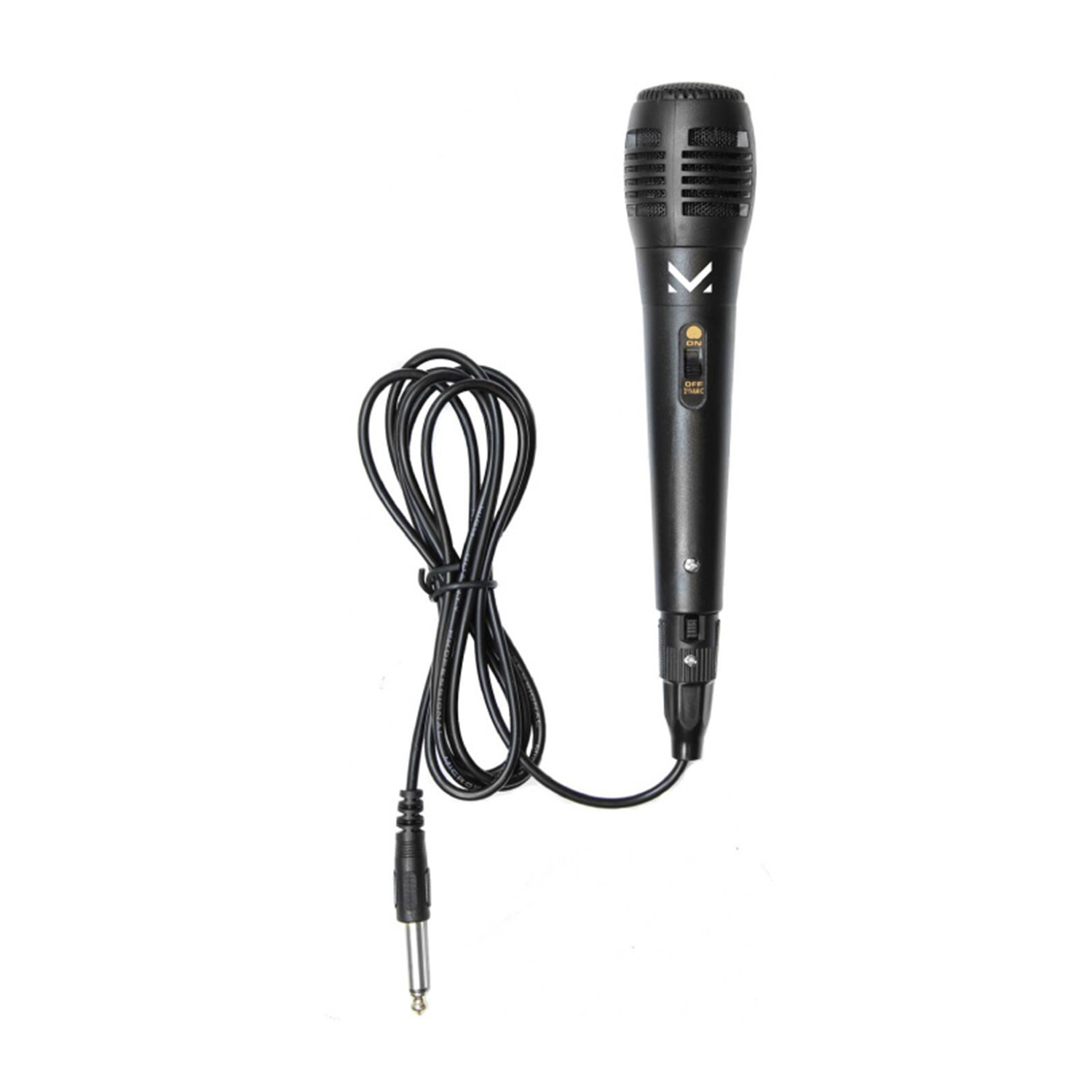 Un microphone noir avec cordon et prise sur fond blanc.