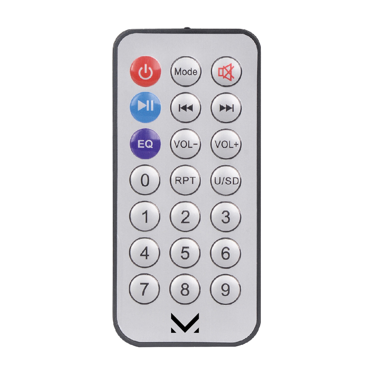 Une télécommande argentée avec des boutons pour l'alimentation, l'égaliseur, le volume et les numéros.