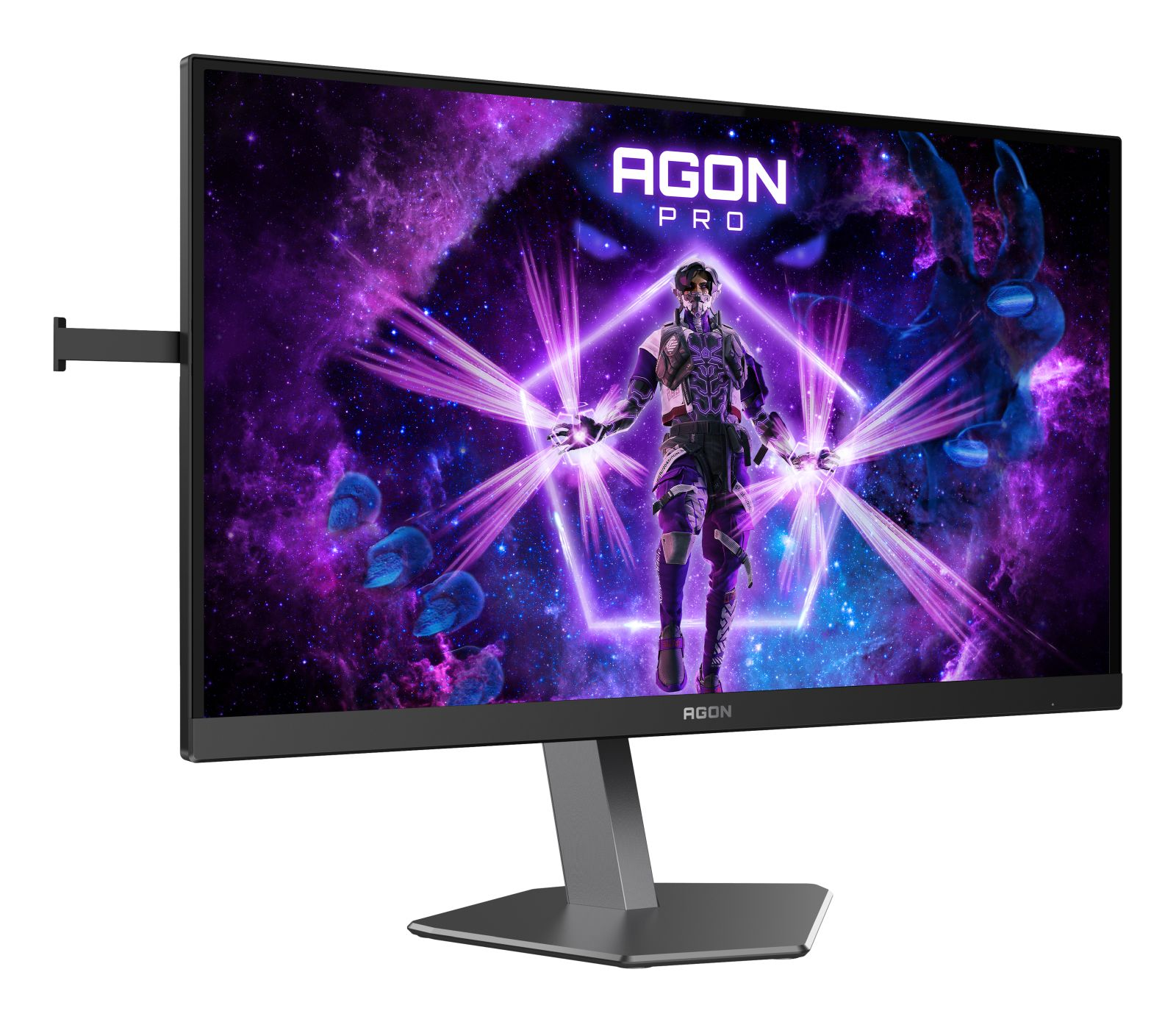 Een gaming monitor toont een paars ruimtethema met een personage en stralen.