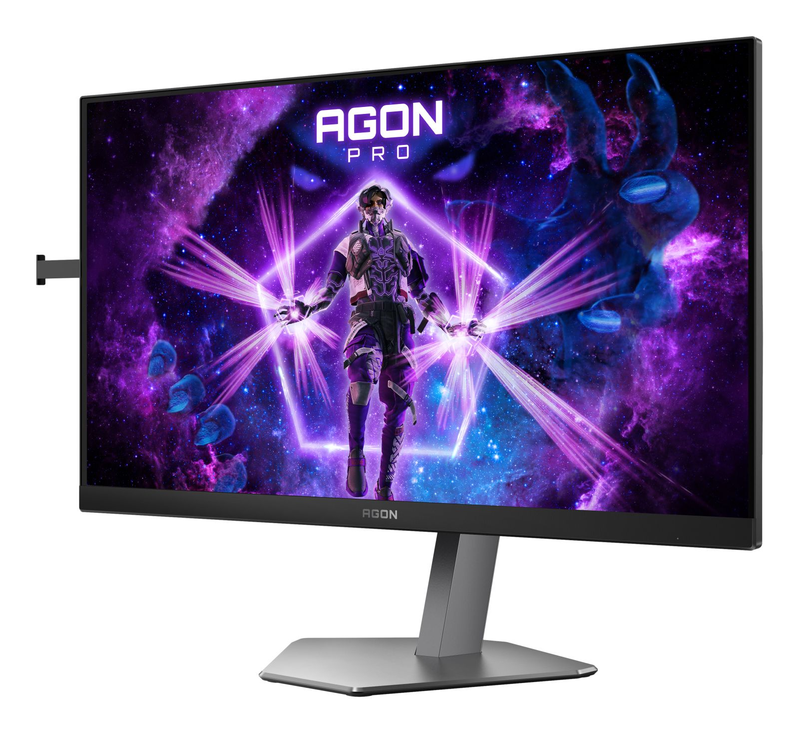 Een gamingmonitor toont een personage in een paarse ruimtescène met lichteffecten.