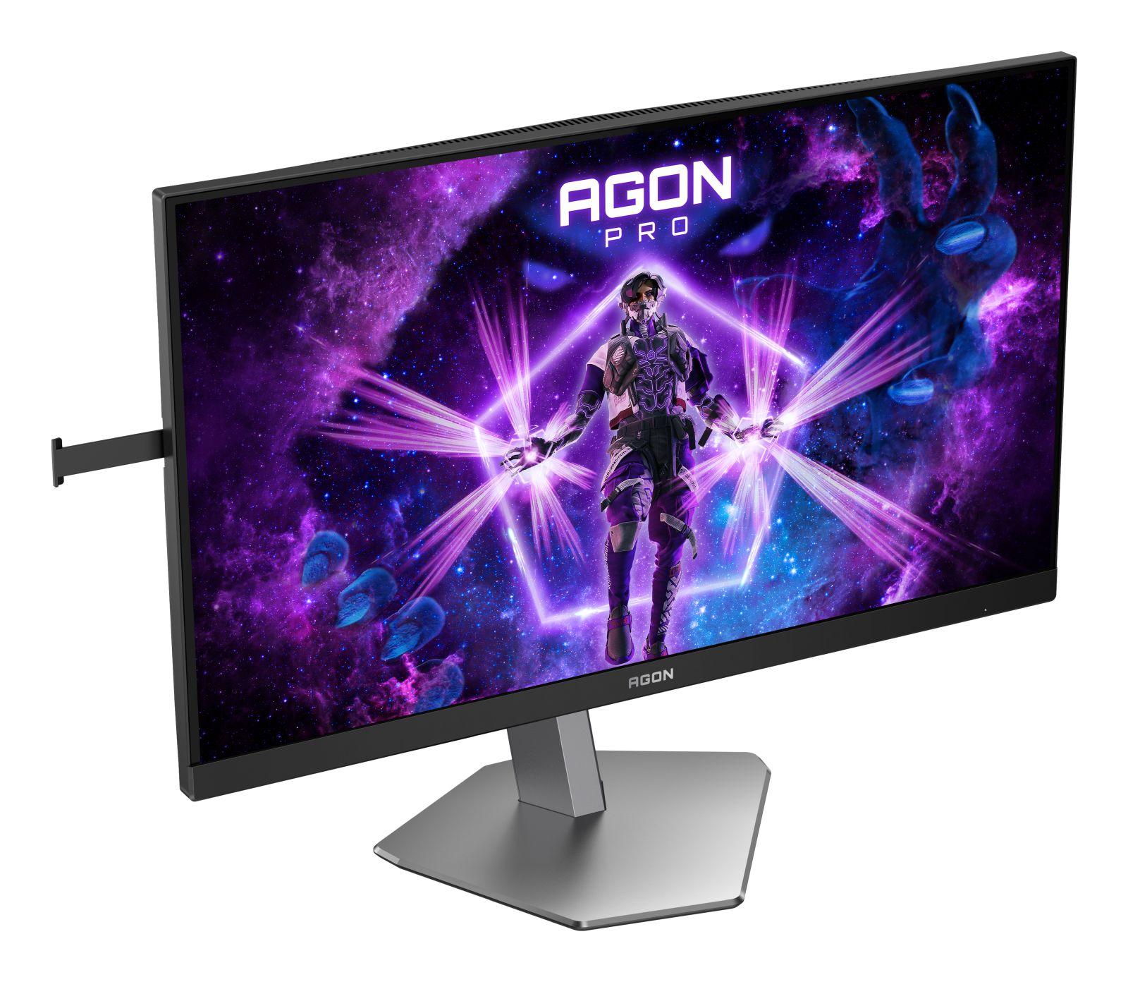 Een gaming monitor met paarse ruimteachtergrond en krijgerfiguur.