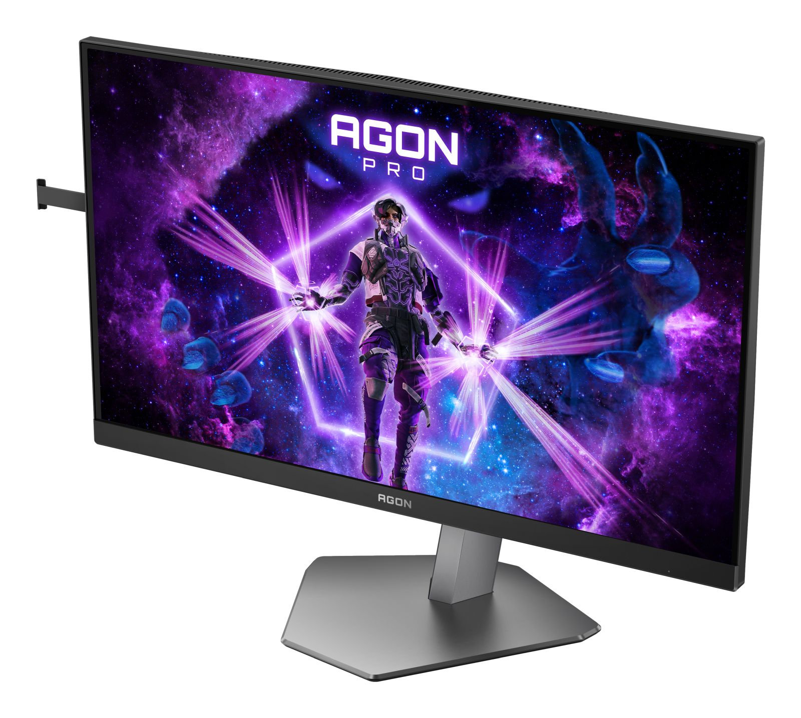 Een gaming monitor met een ruimtethema en een personage.