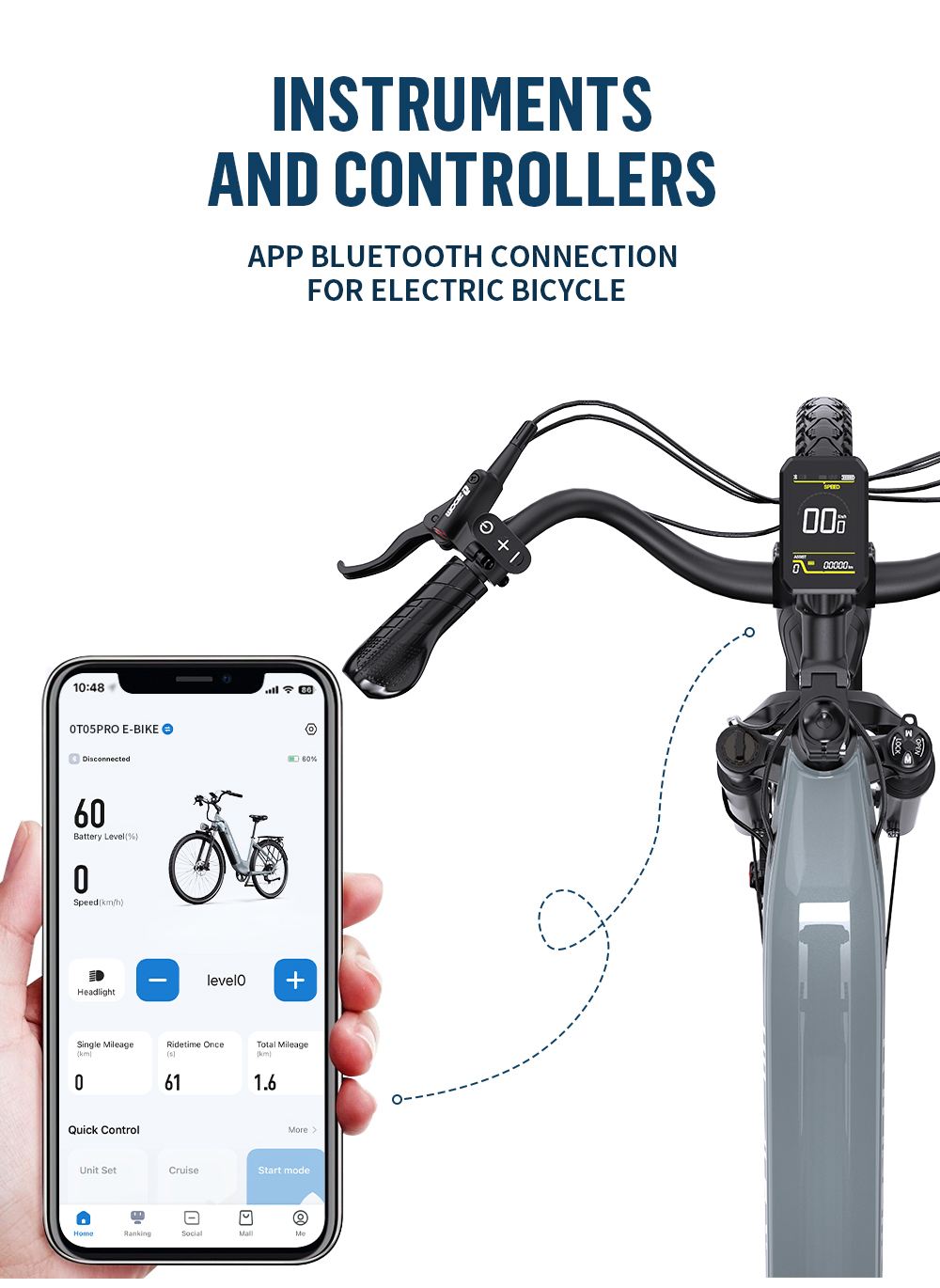 Uno smartphone mostra dati e-bike, accanto al manubrio con display e impugnatura.