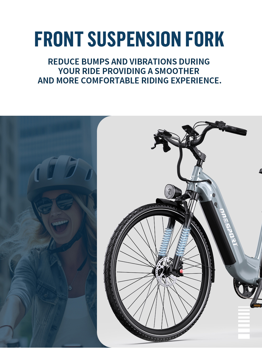 Una donna con casco e occhiali da sole sorride accanto a una e-bike grigia con sospensione anteriore.