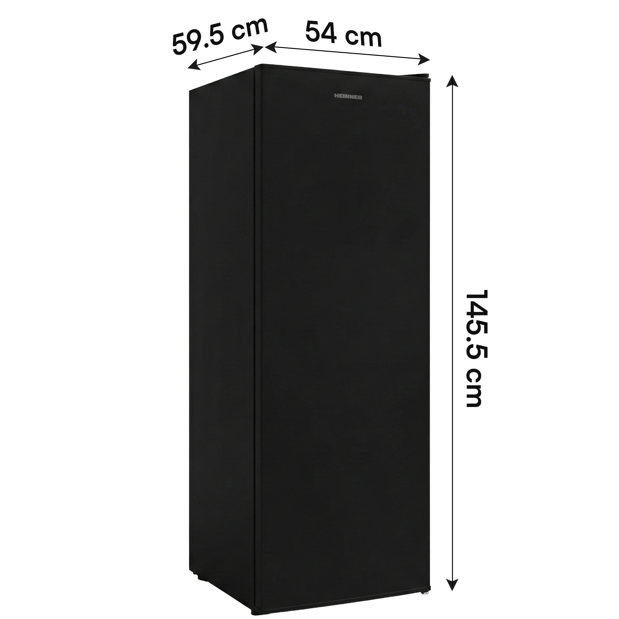 Zwarte koelkast met afmetingen 59,5 cm x 54 cm x 145,5 cm.