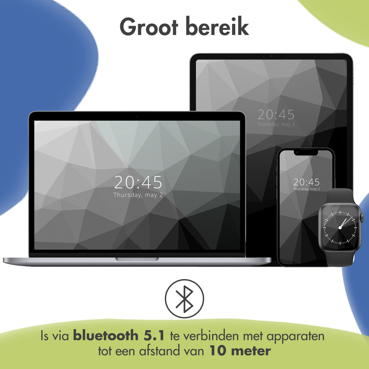 Een laptop, tablet, smartphone en smartwatch met dezelfde achtergrond.