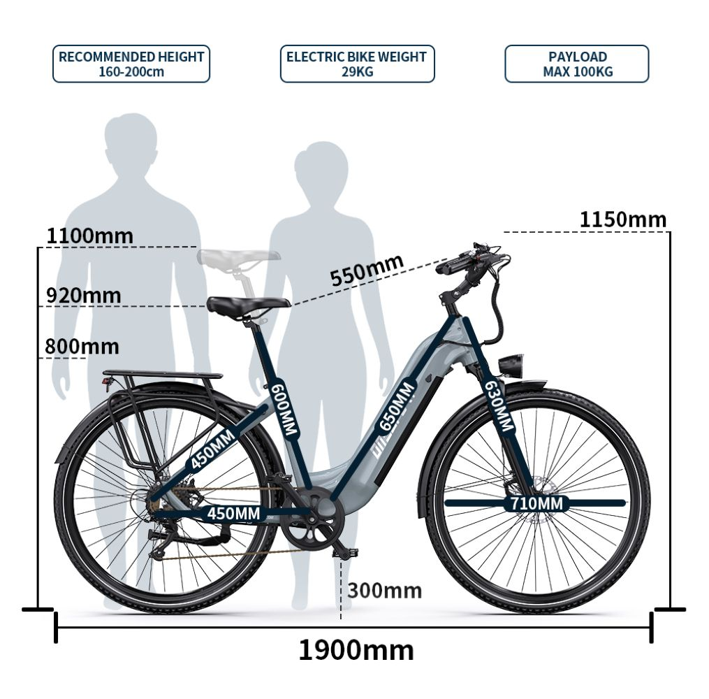 Specifiche e-bike: altezza 1150mm, lunghezza 1900mm. Altezza consigliata 160-200cm.