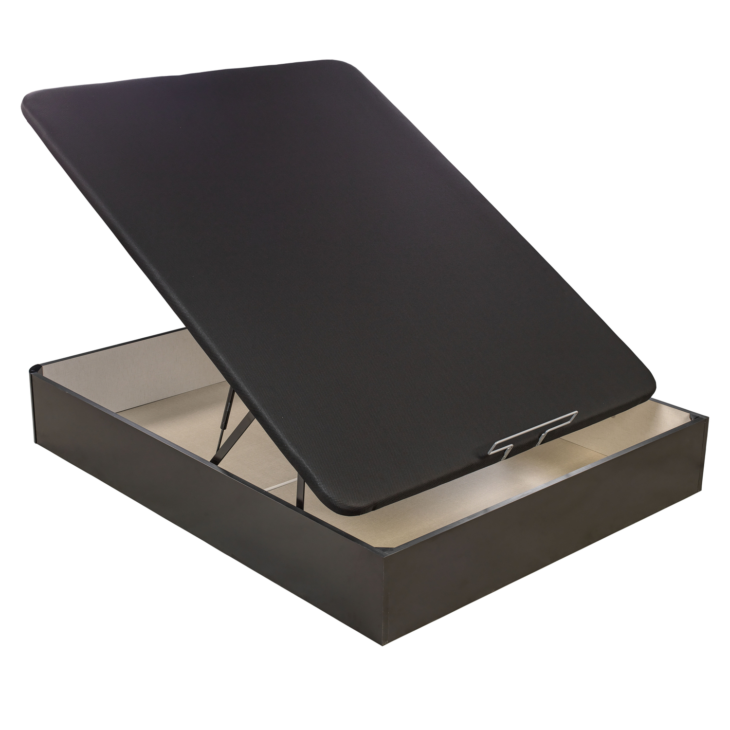 Una base de cama diván oscura con la tapa abierta y soportes.