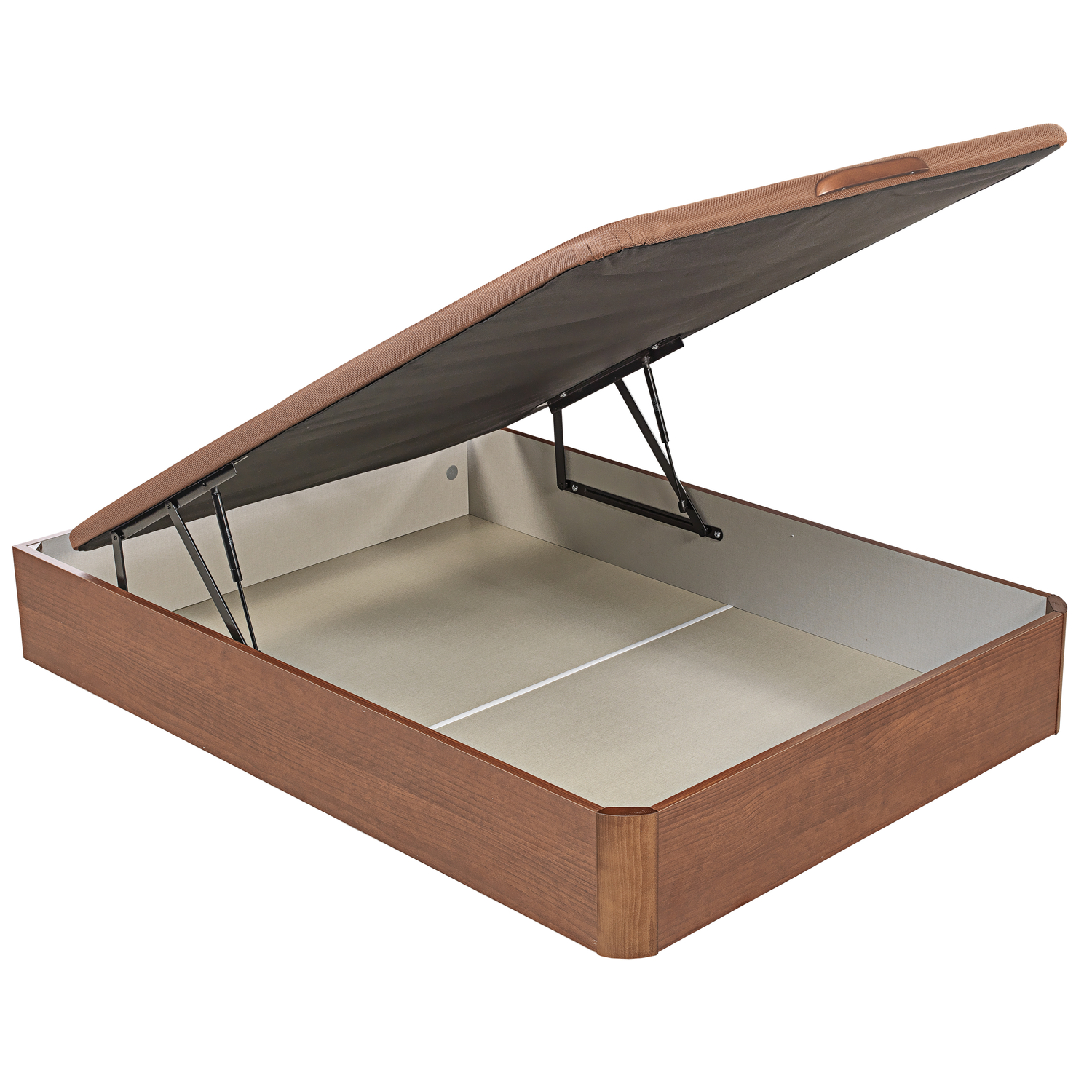 Base de cama abatible abierta con acabado de madera y tapicería marrón, con resortes.