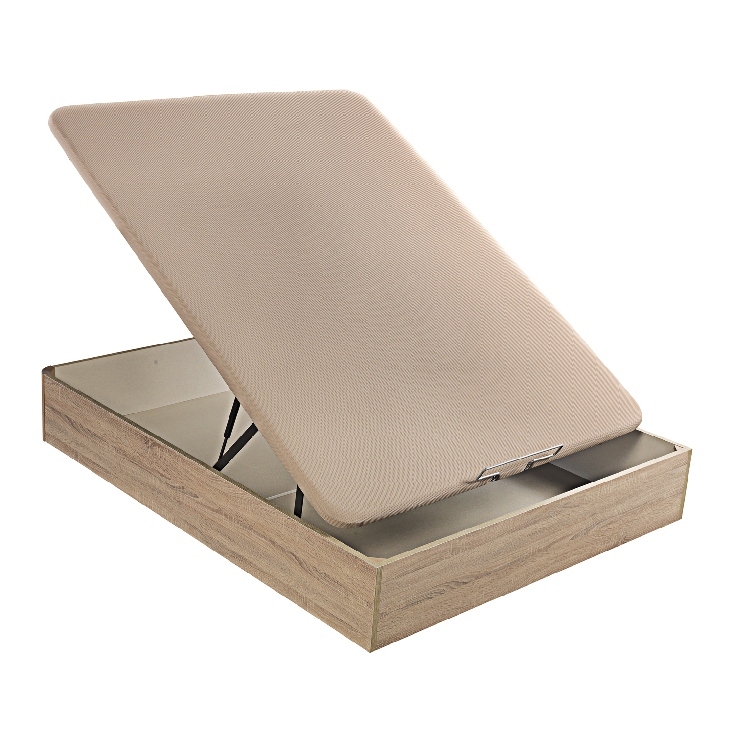 Una base de cama arcón de madera con la tapa abierta, mostrando espacio de almacenamiento.