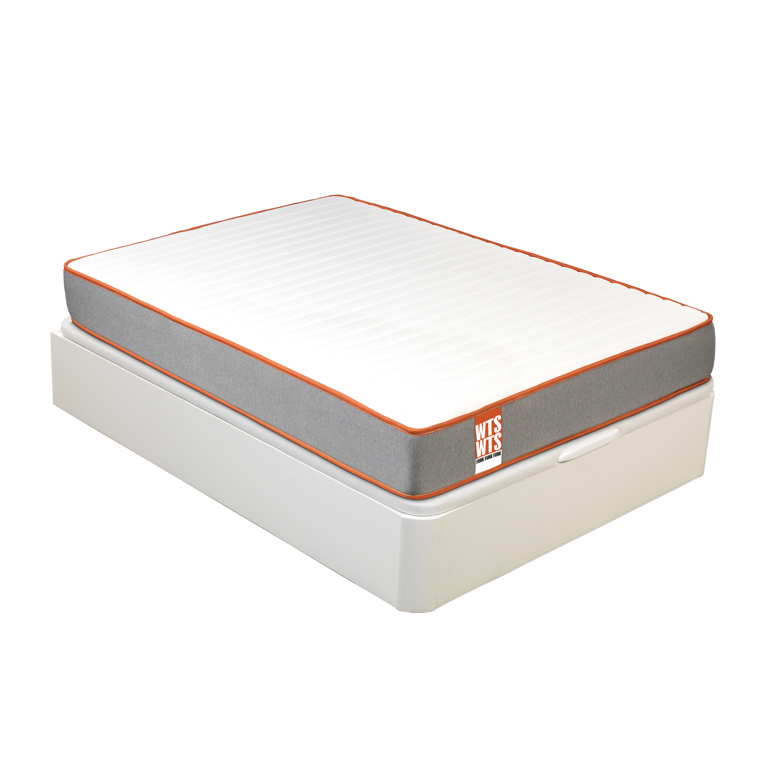 Base de cama blanca con colchón de borde gris y ribete naranja.