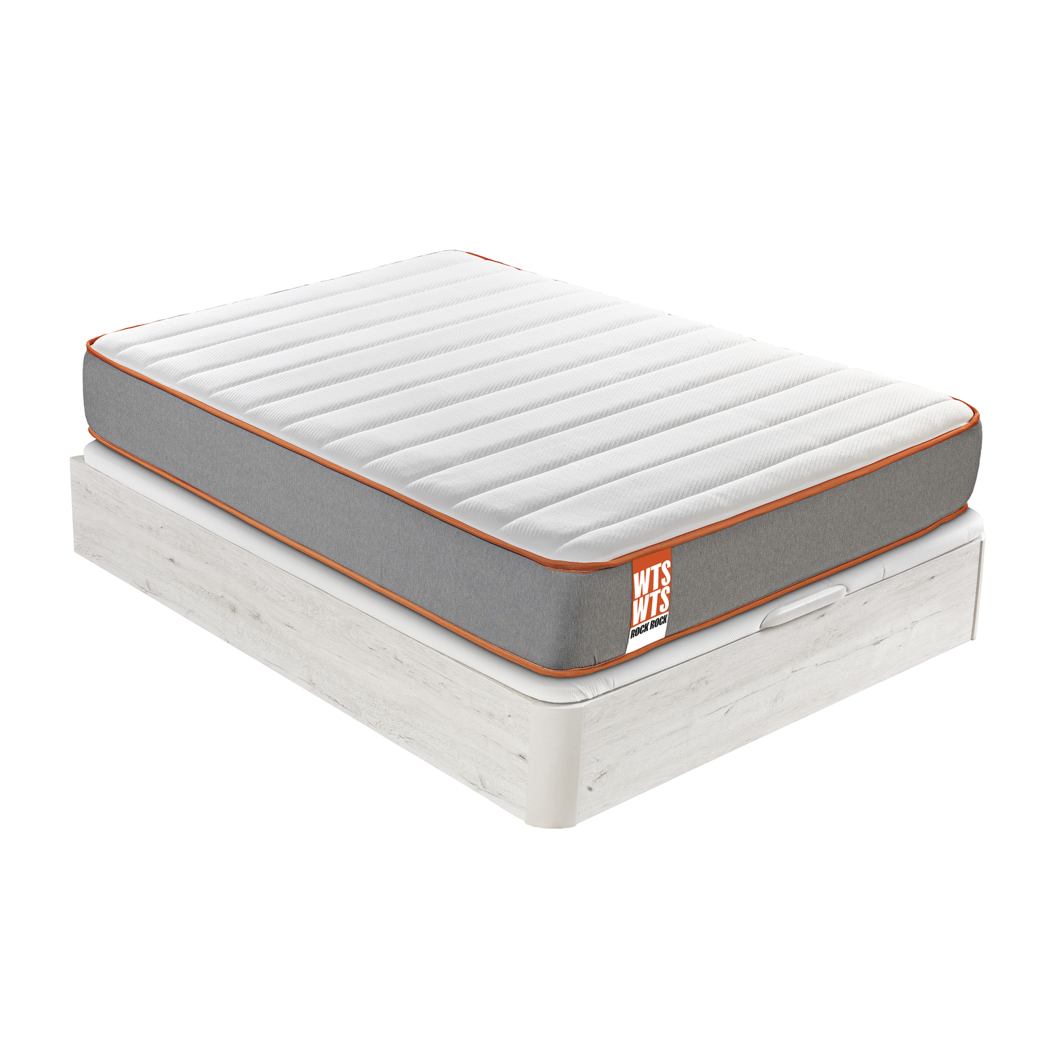 Un colchón blanco con borde naranja sobre una base de cama de madera.
