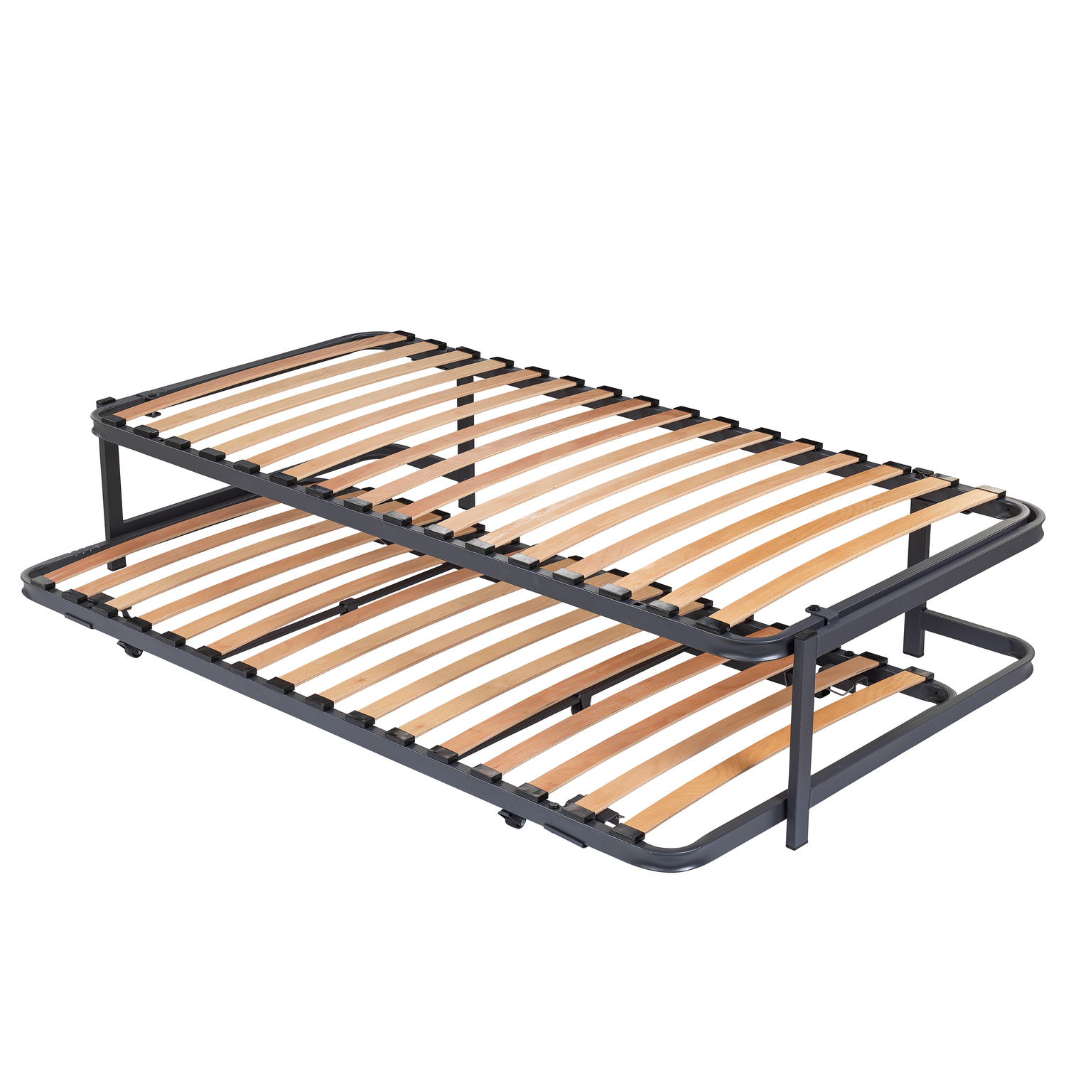 Estructura de cama extraíble con lamas de madera y marco metálico.