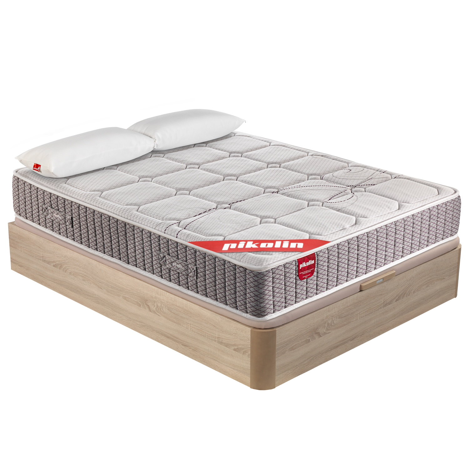 Una cama con ropa de cama blanca y dos almohadas blancas sobre una base de madera.