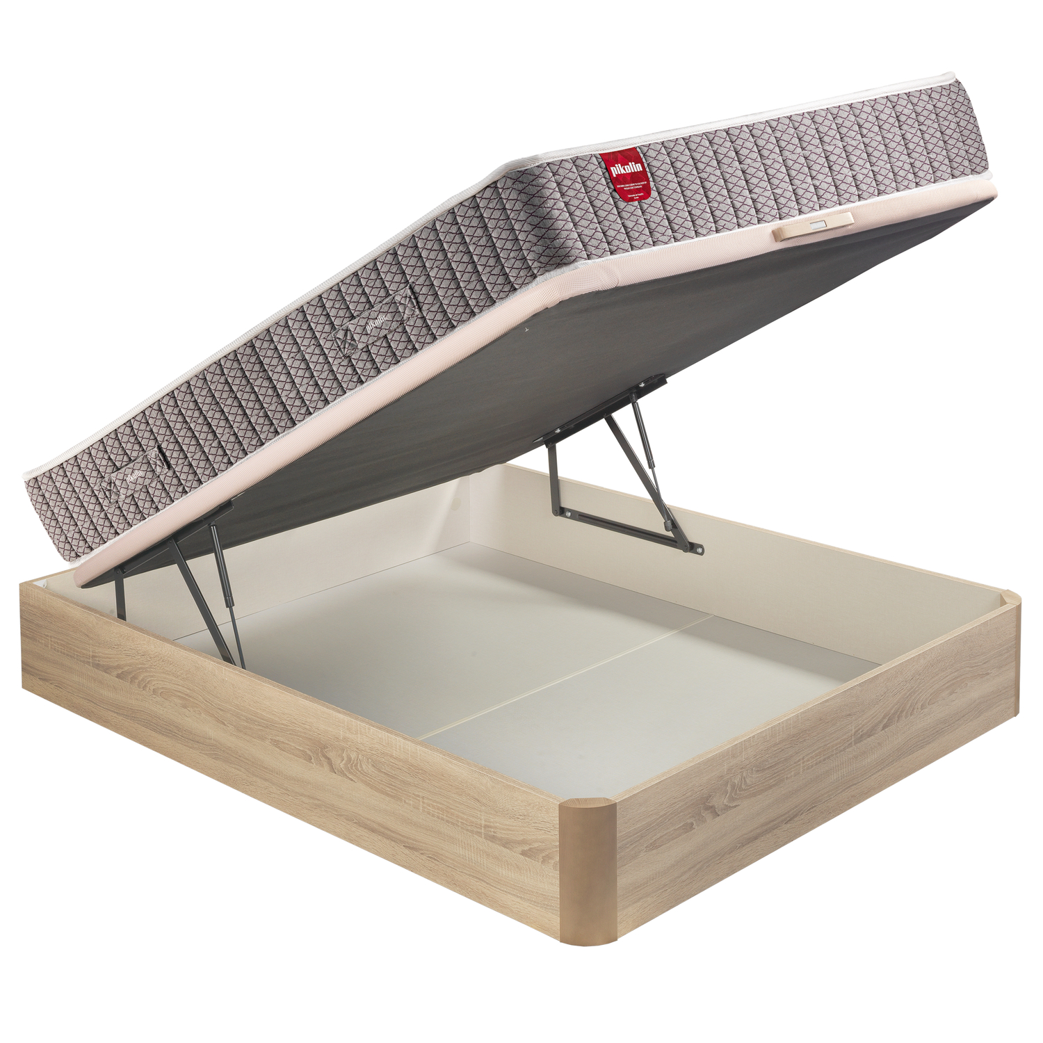 Estructura de cama de madera con el colchón levantado abierto.