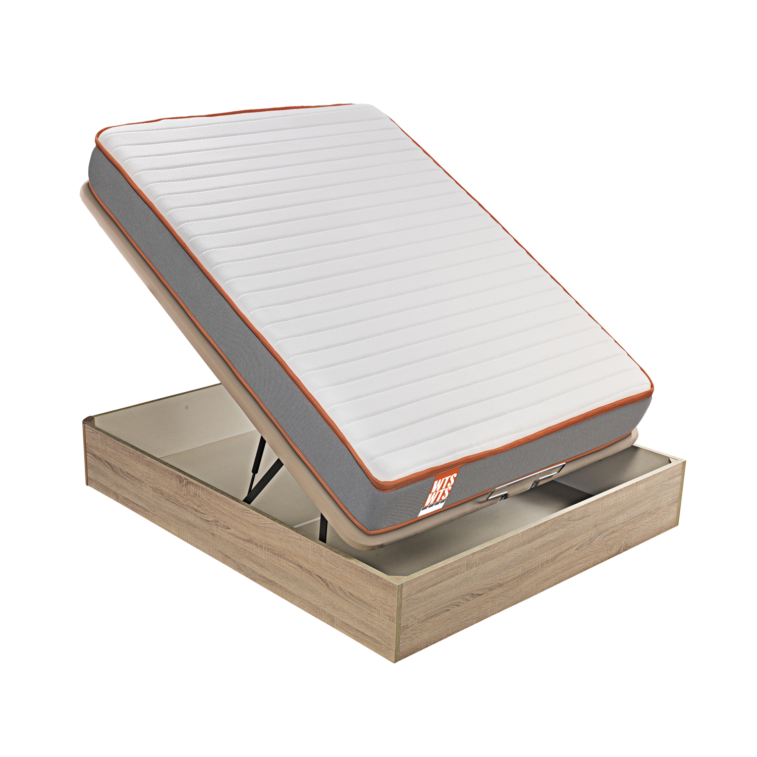 Un colchón blanco con ribete gris y naranja está elevado sobre una base de cama de almacenamiento de madera.