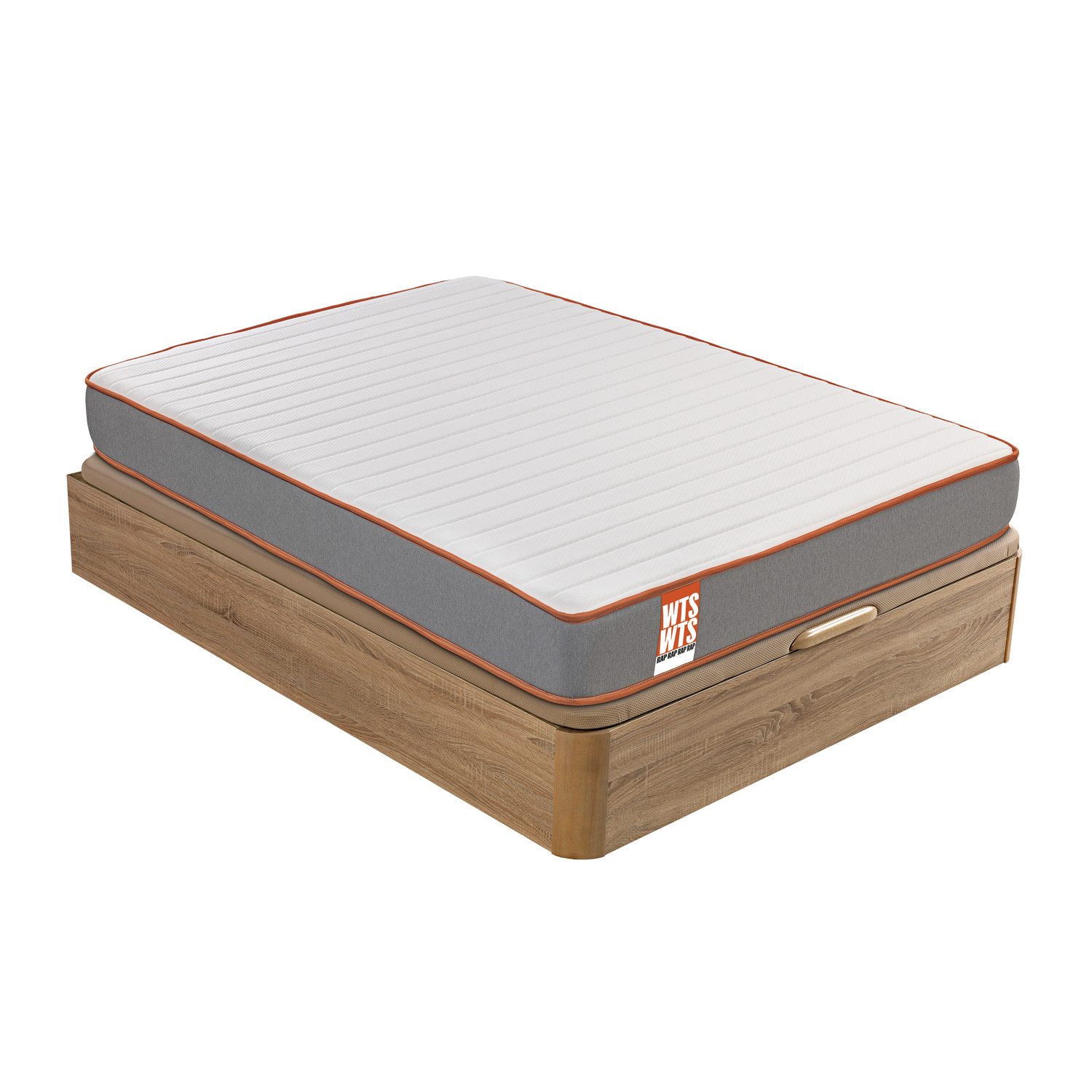 Un colchón blanco con borde gris y naranja sobre base de madera.