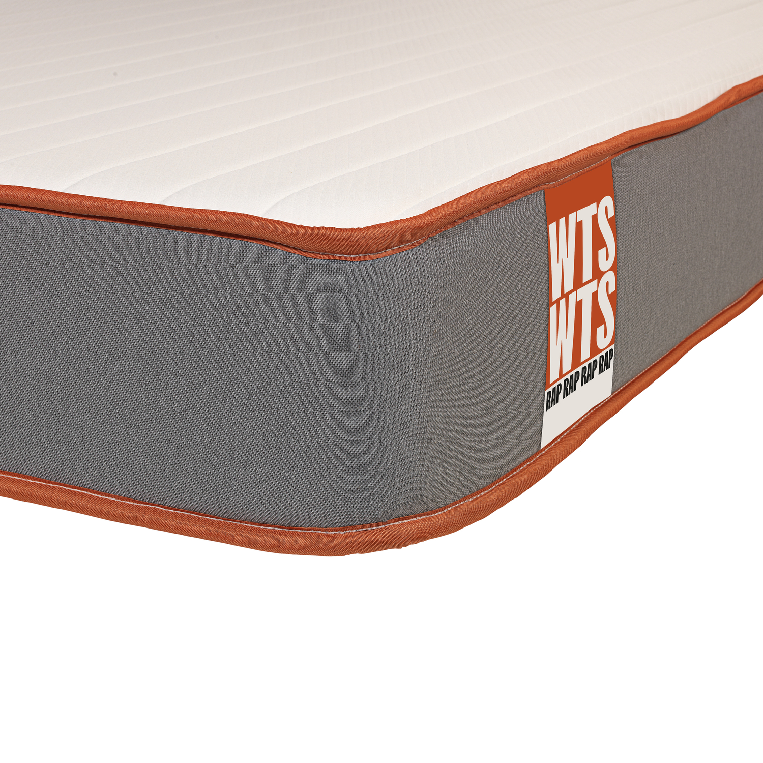 Colchón gris con borde naranja y logo blanco en el lateral.