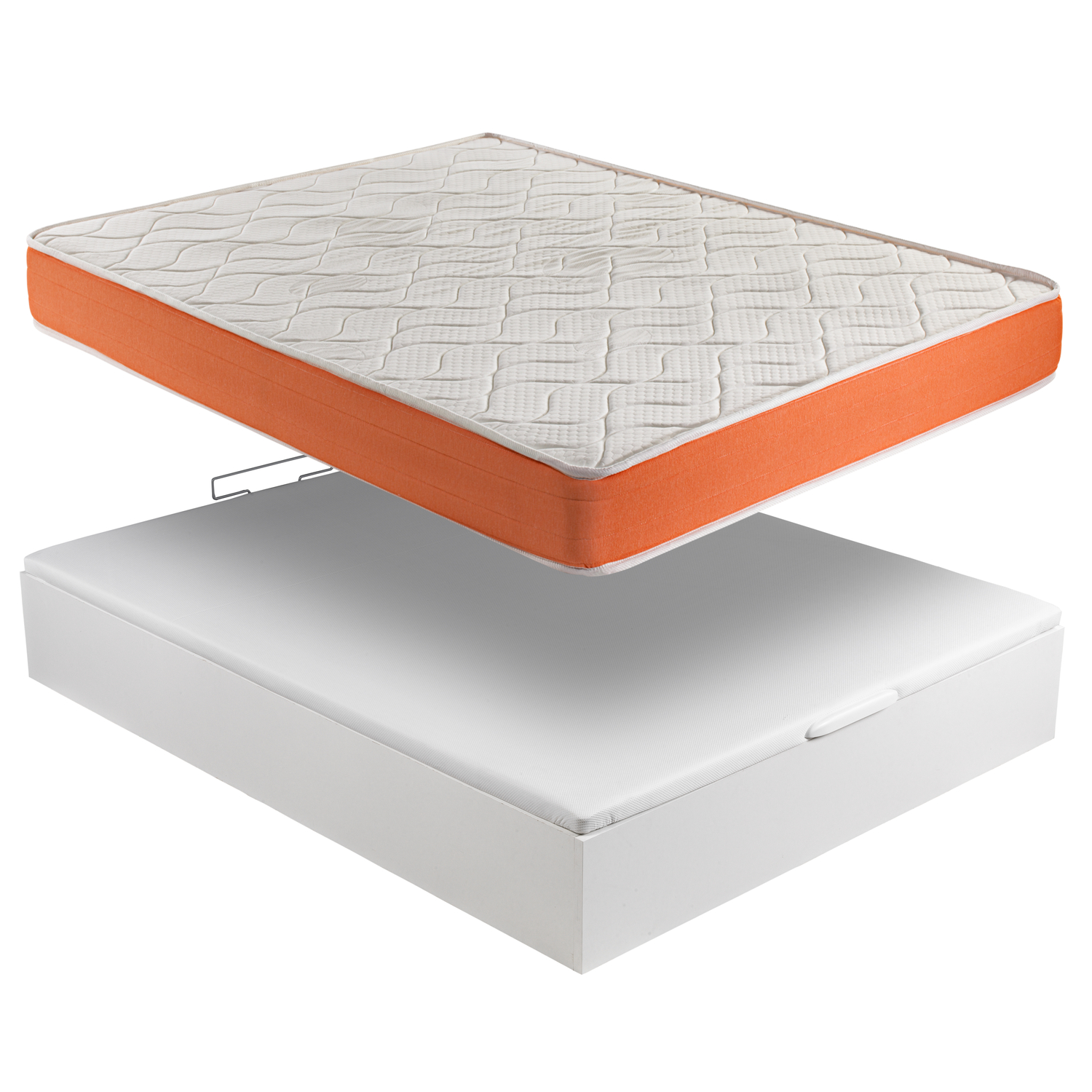Una base de cama blanca con un colchón naranja flotando sobre ella.