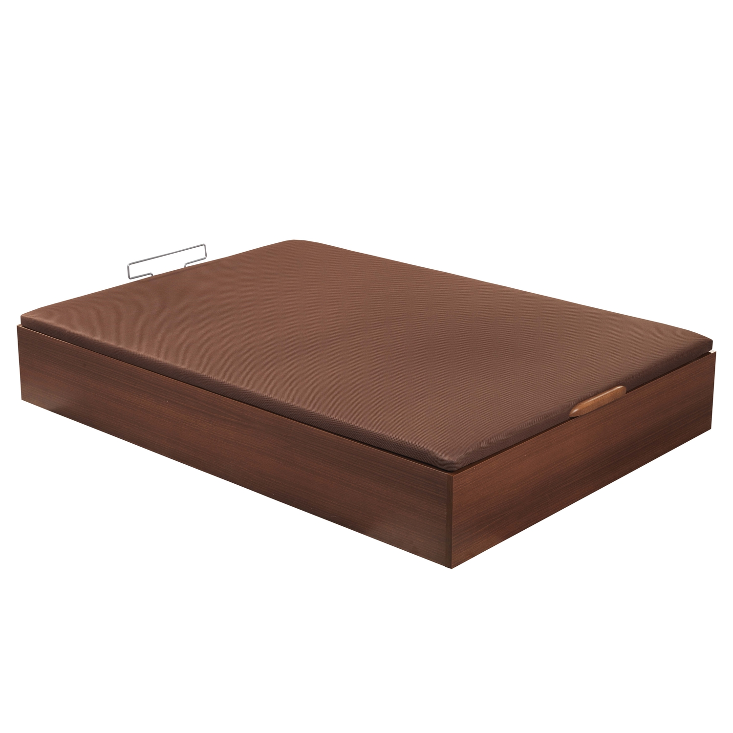 Un baúl de cama marrón con chapa de madera y un asa metálica.