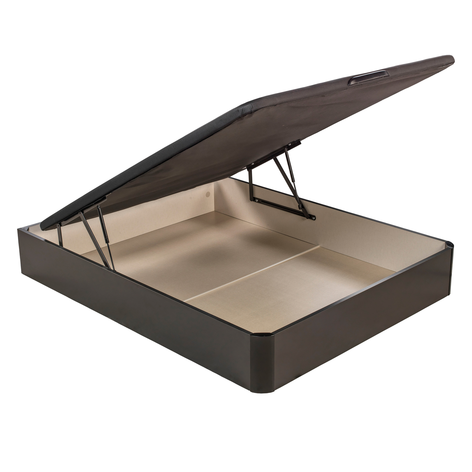 Una base de cama marrón oscura con la tapa abierta y soportes plateados.