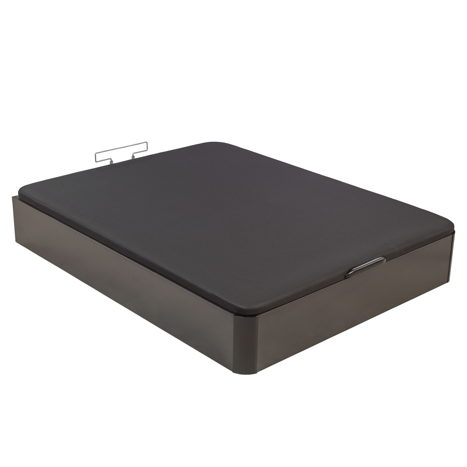 Una base de cama oscura con un asa plateada y una superficie superior oscura.