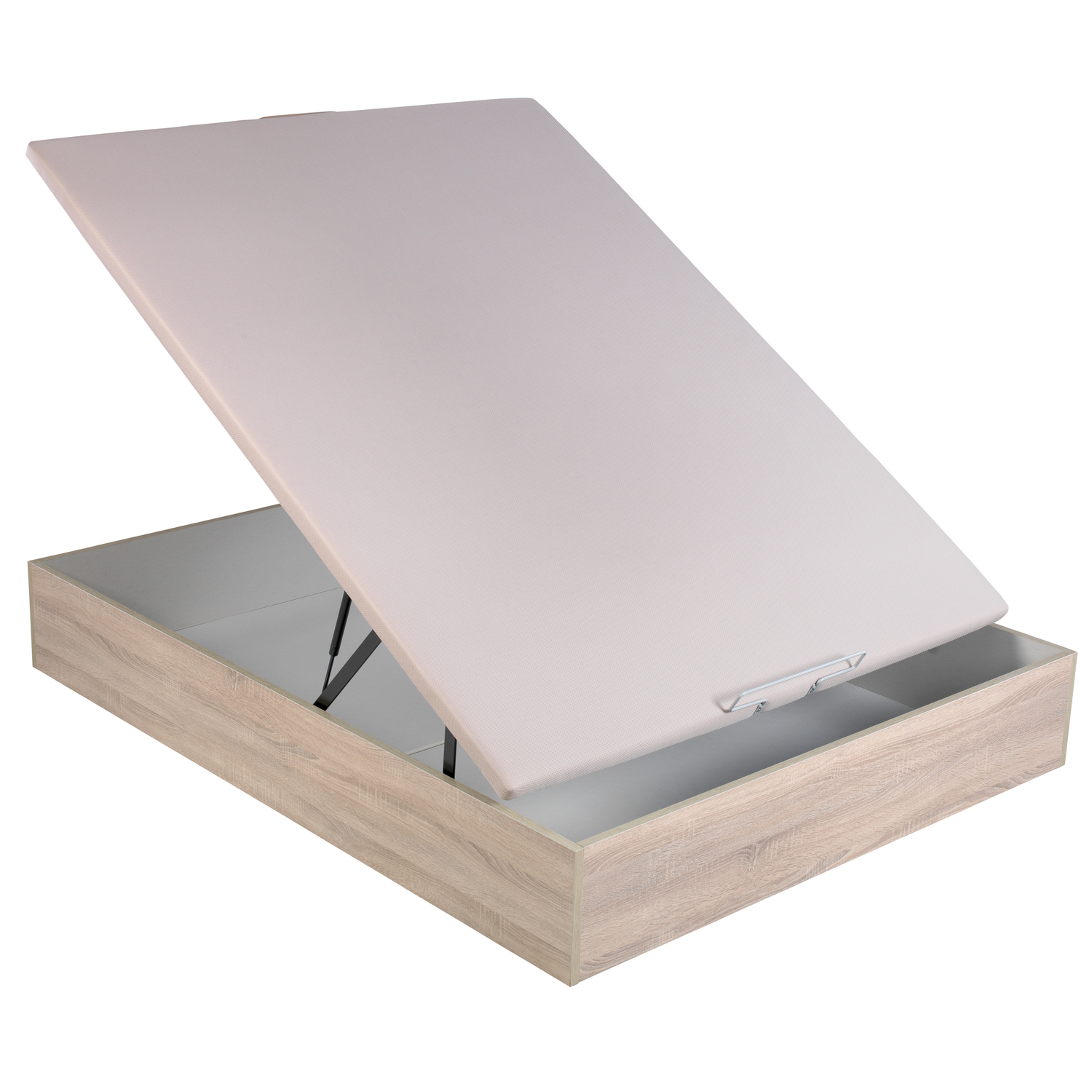 Una base de cama abierta con veta de madera, colchón beige claro levantado y bisagras.