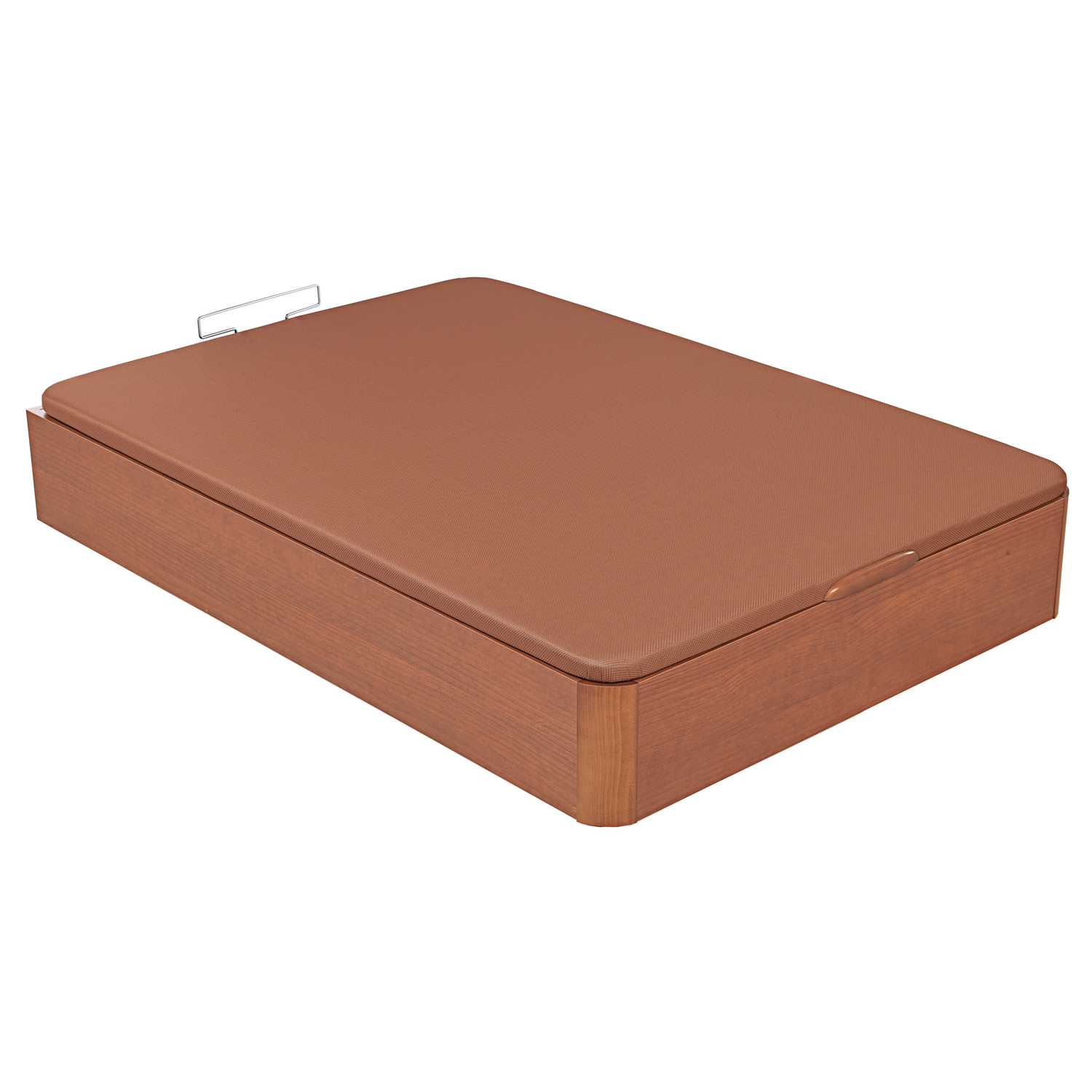 Una base de cama marrón con laterales de aspecto de madera y tapa acolchada.