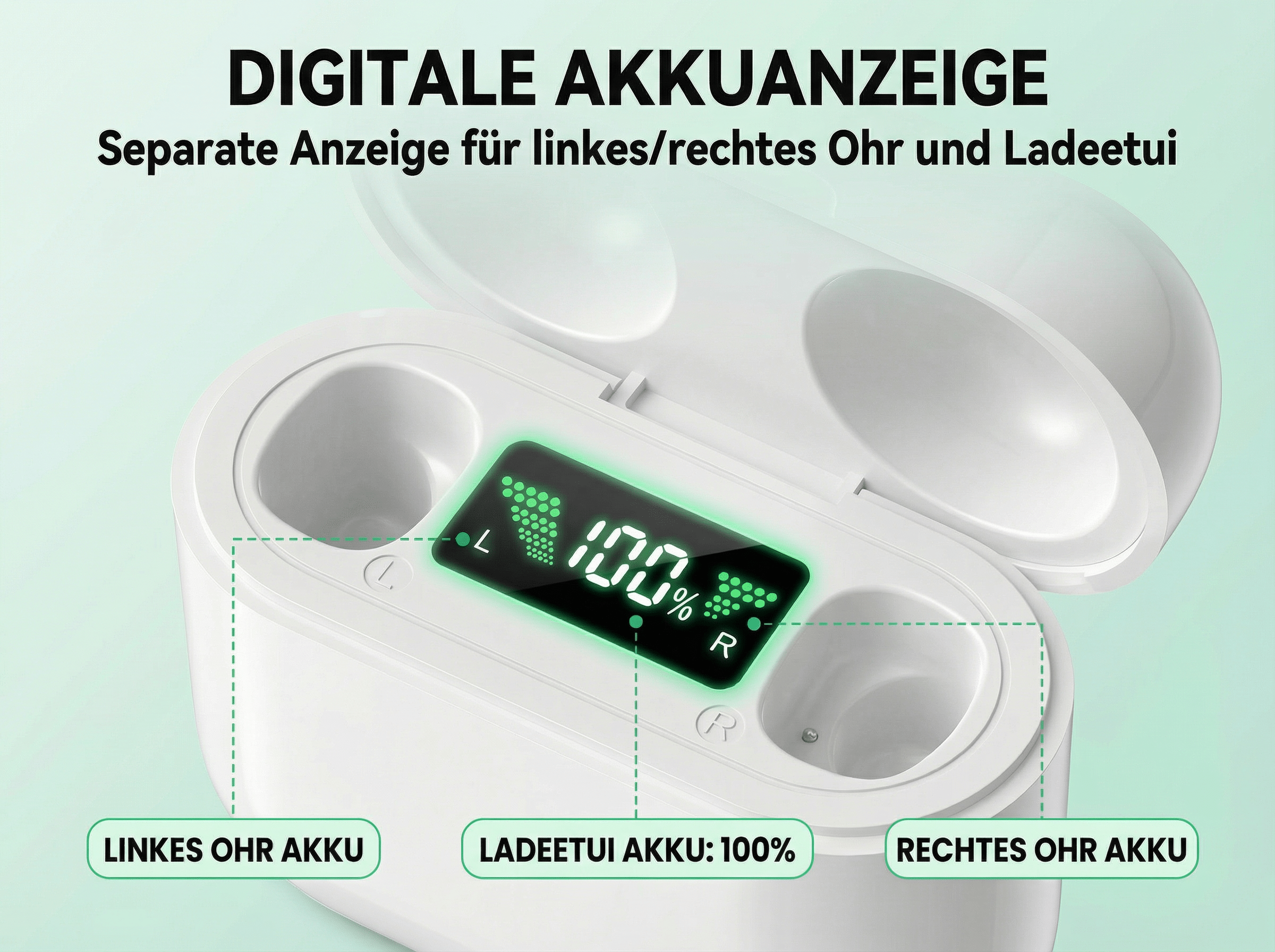 Weiße Ladebox für Ohrhörer mit digitaler Anzeige für 100% Akku.