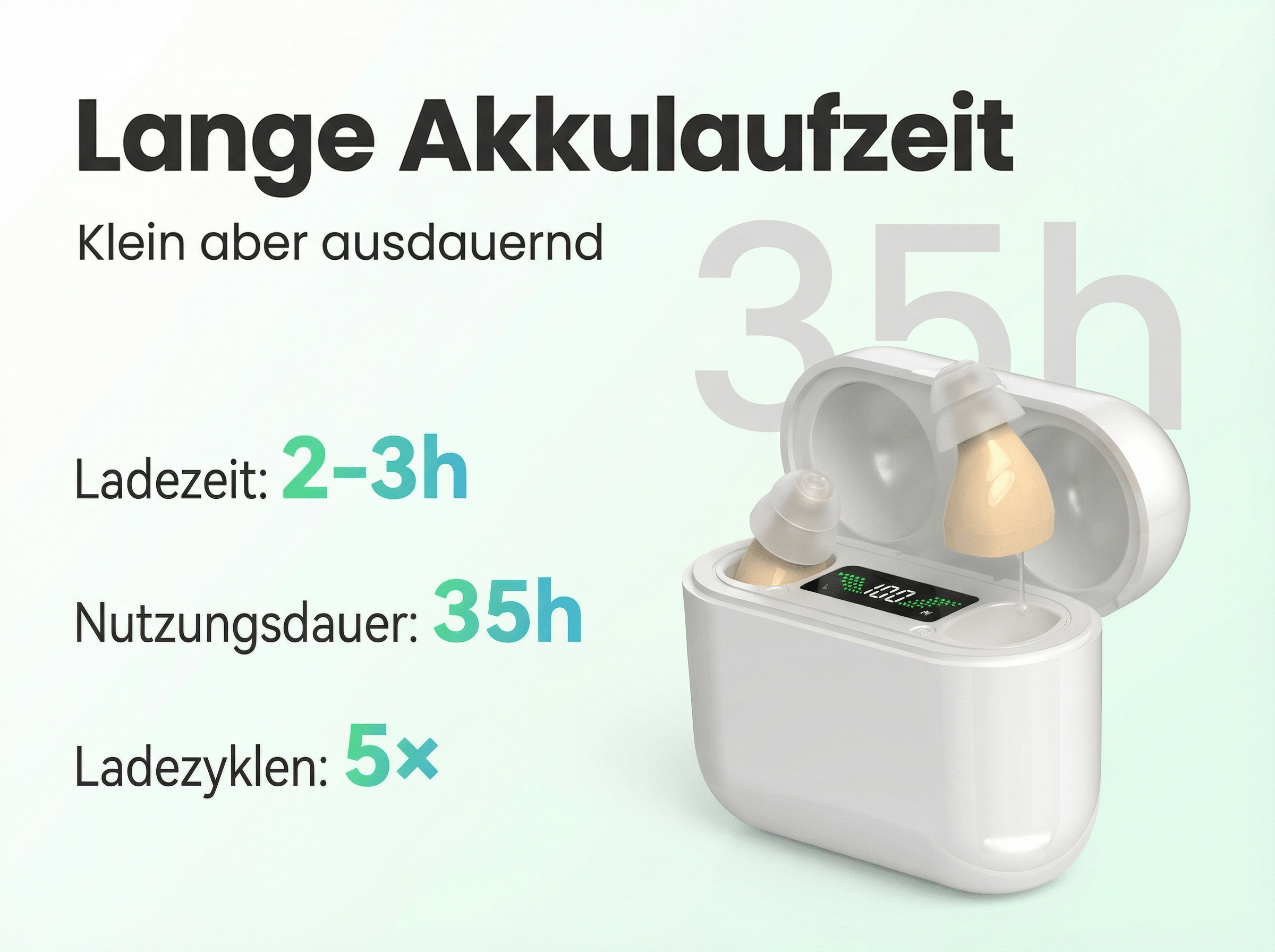 Weiße Ladehülle mit Ohrhörern. Ladezeit 2-3h, Nutzungsdauer 35h.