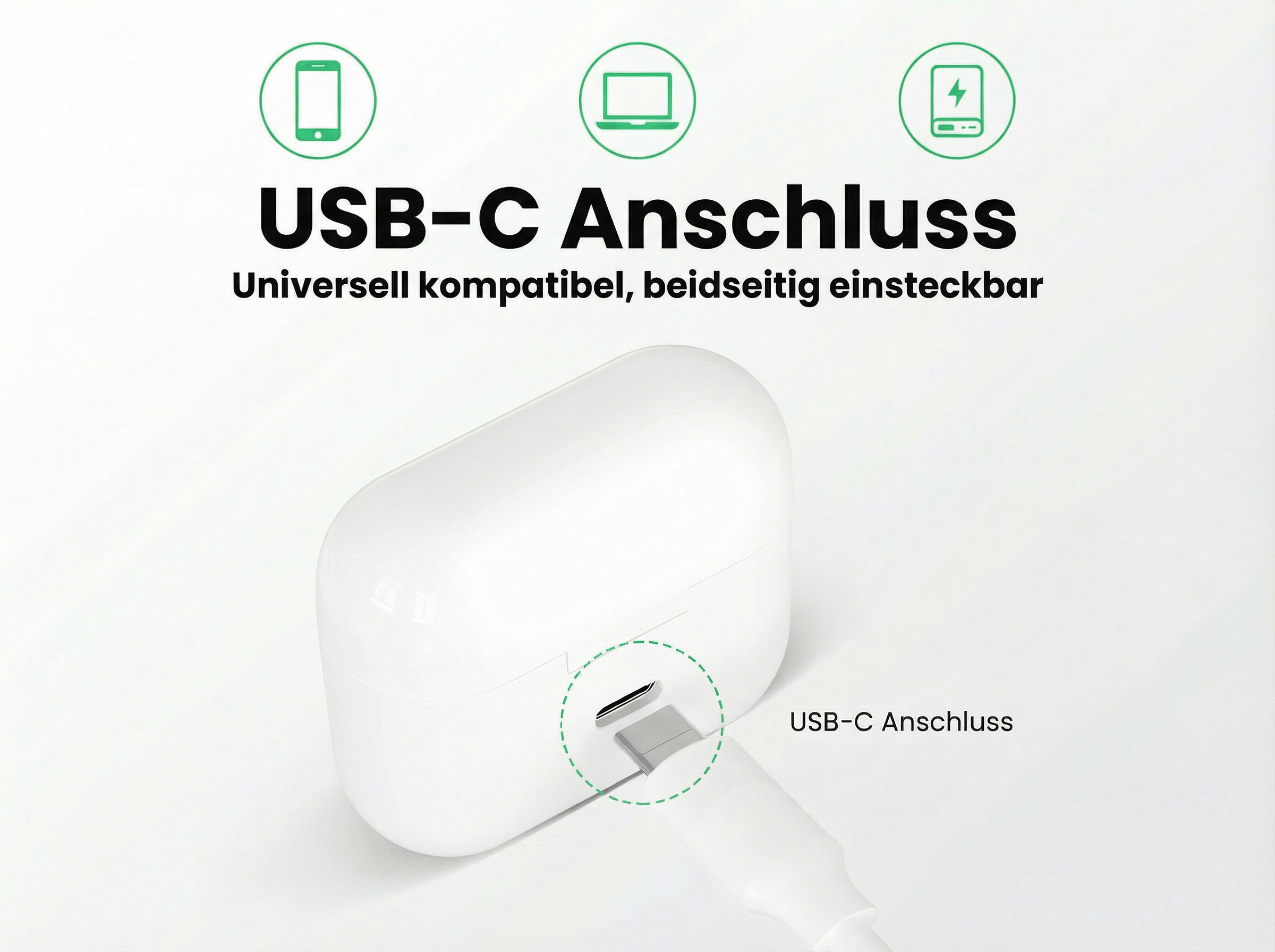 Ein weißes USB-C-Ladecase mit eingestecktem Kabel.
