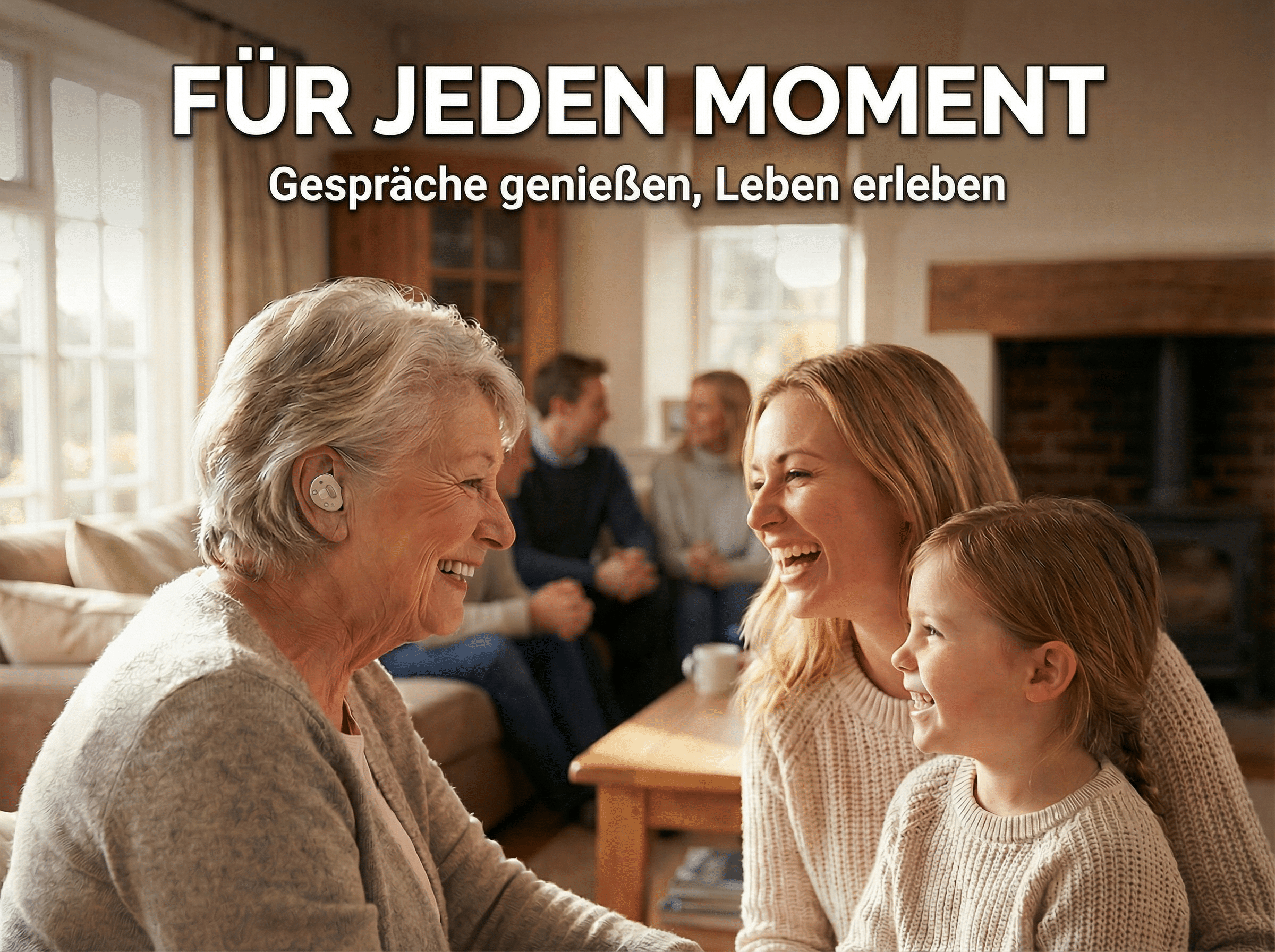 Ältere Frau mit Hörgerät lacht mit Tochter und Enkelin. Familie im Hintergrund.