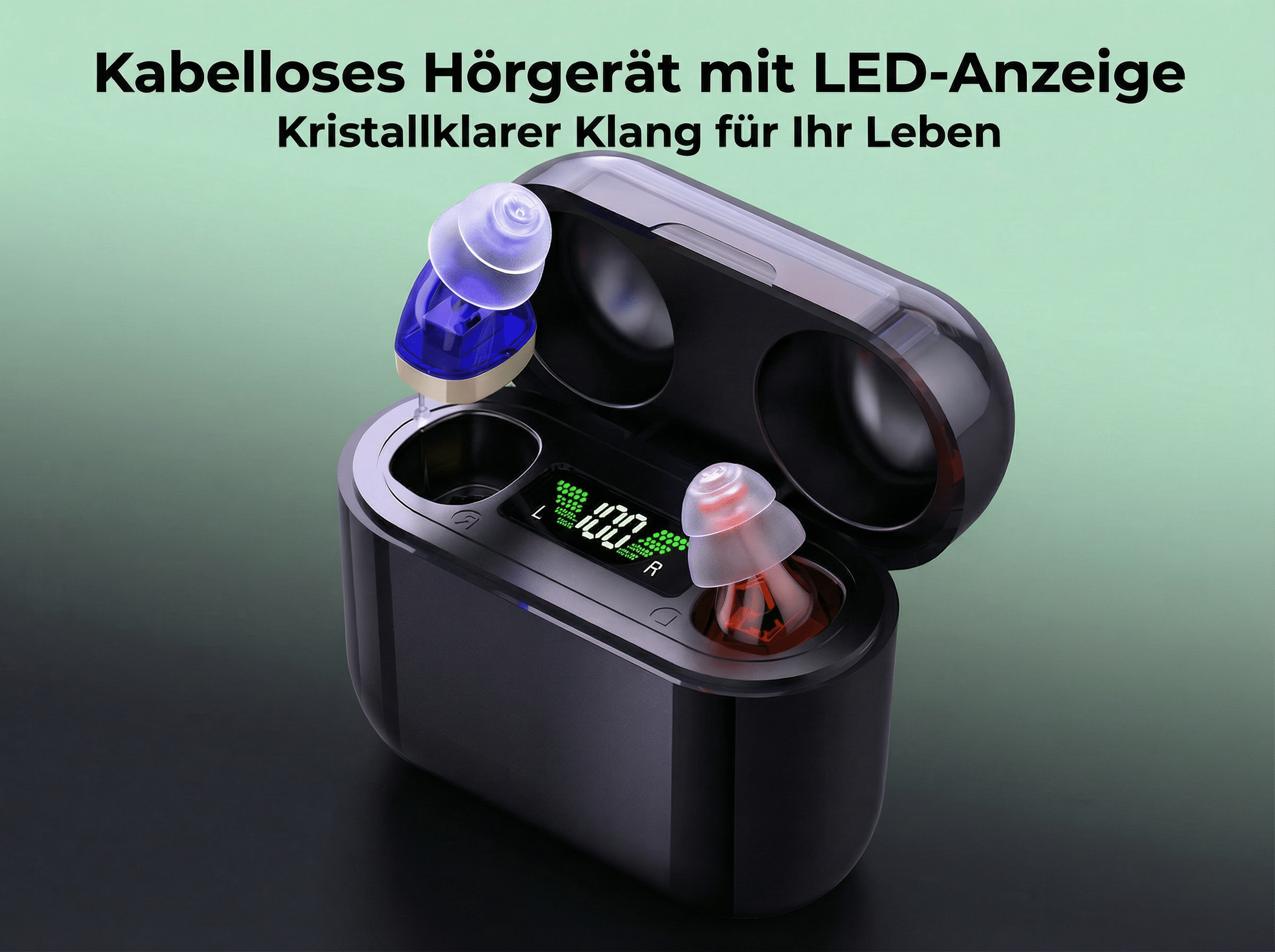 Kabelloses Hörgerät mit Ladecase und LED-Anzeige.