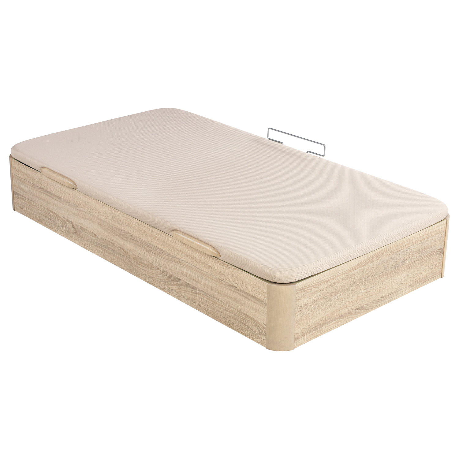 Una base de cama marrón claro con un asa metálica en la superficie superior.