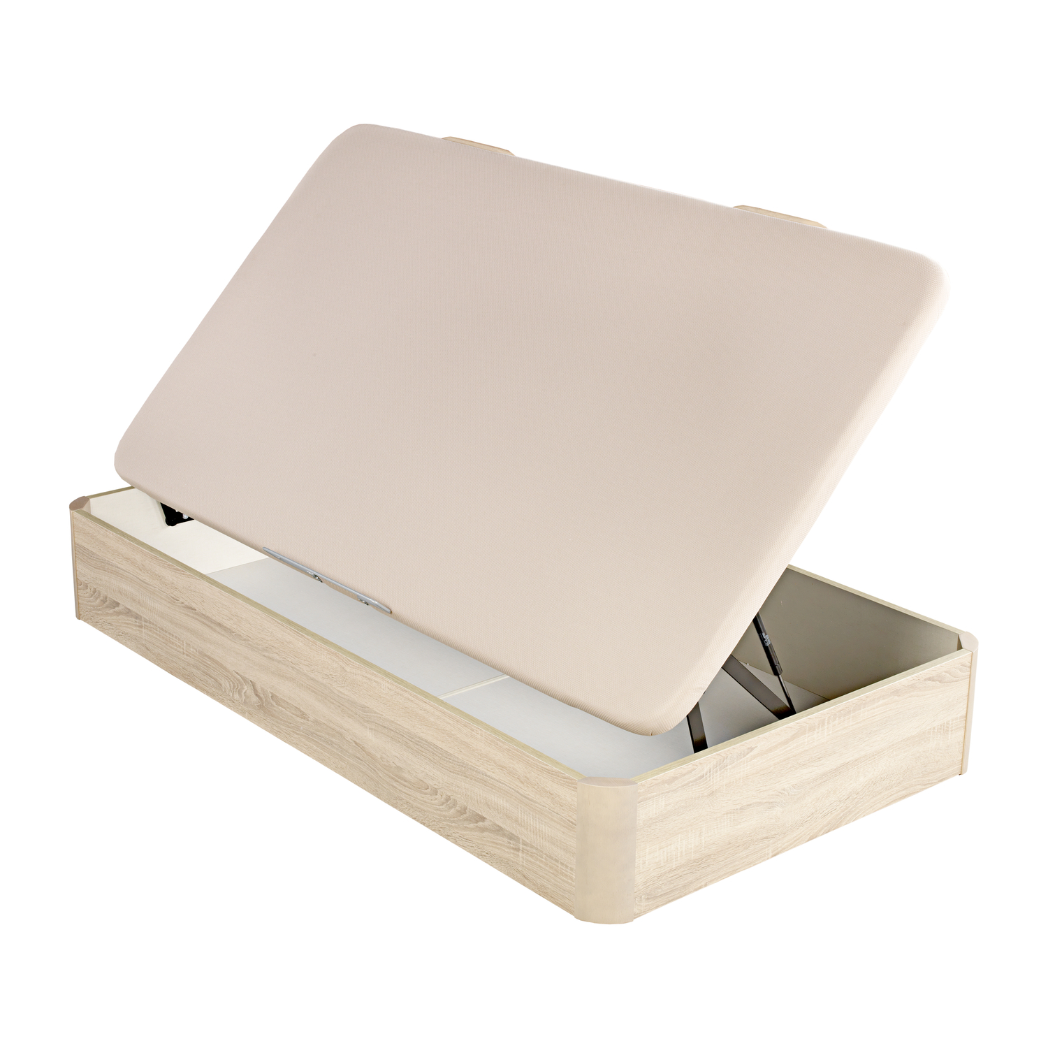 Base de cama abierta con almacenaje, efecto madera clara y tapicería beige.
