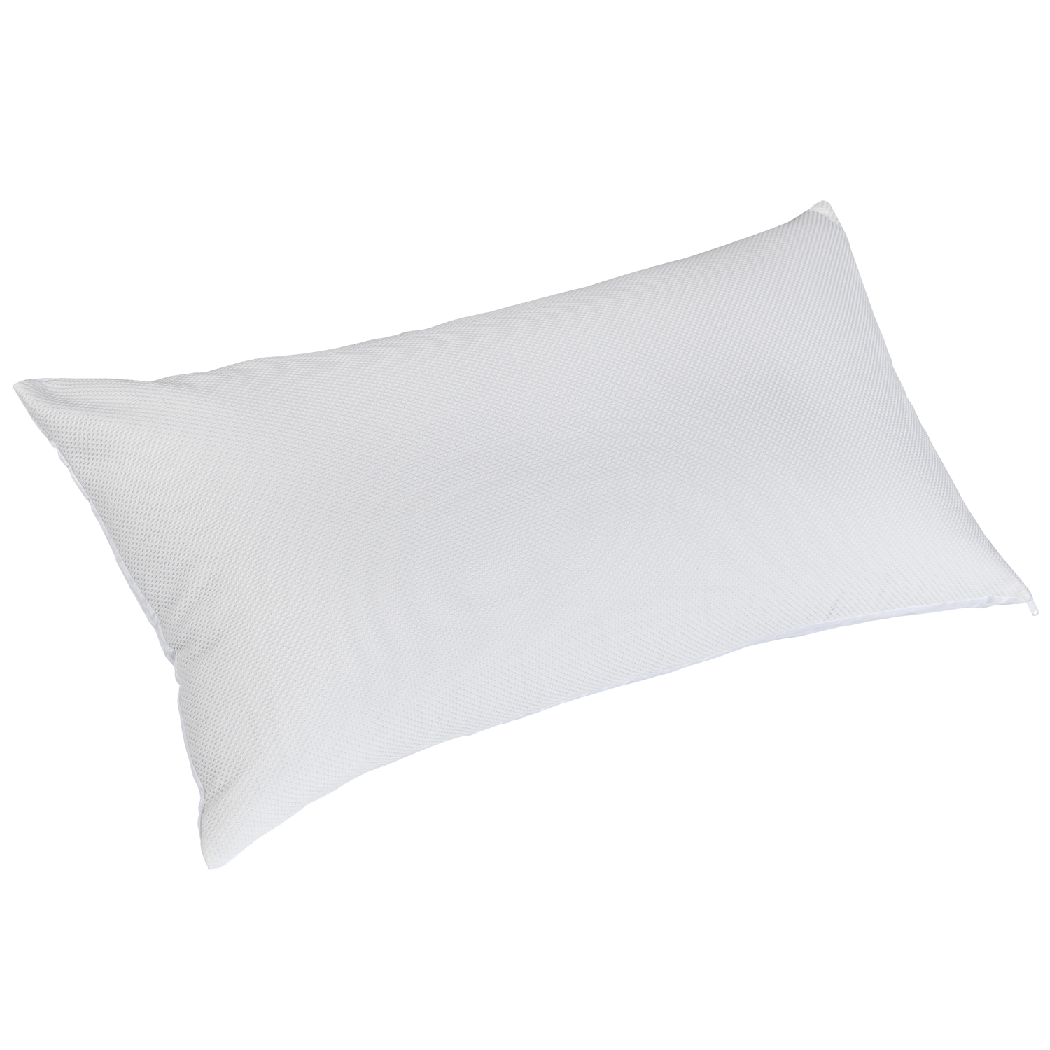 Una almohada blanca con textura de panal yace en diagonal sobre fondo blanco.