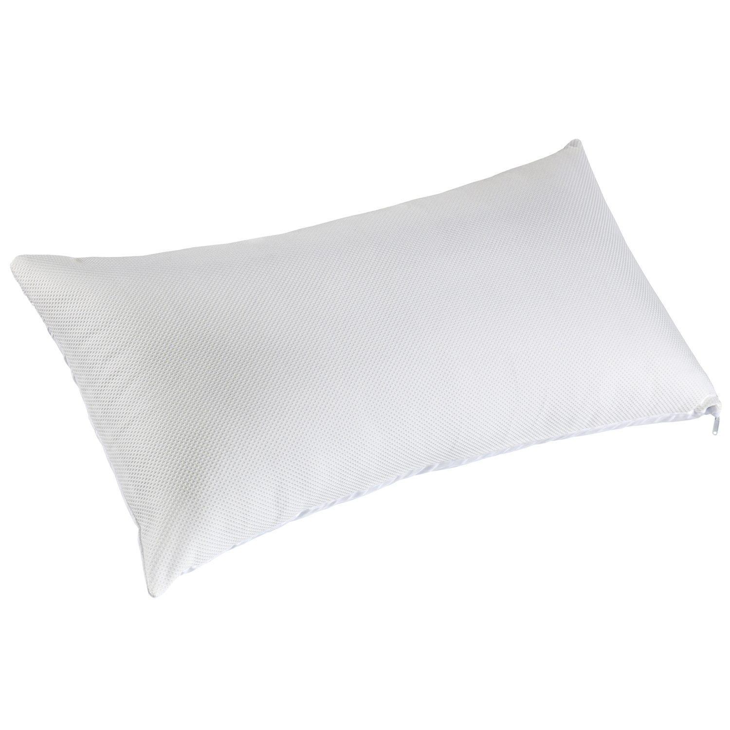 Una almohada blanca con detalle de cremallera en primer plano.