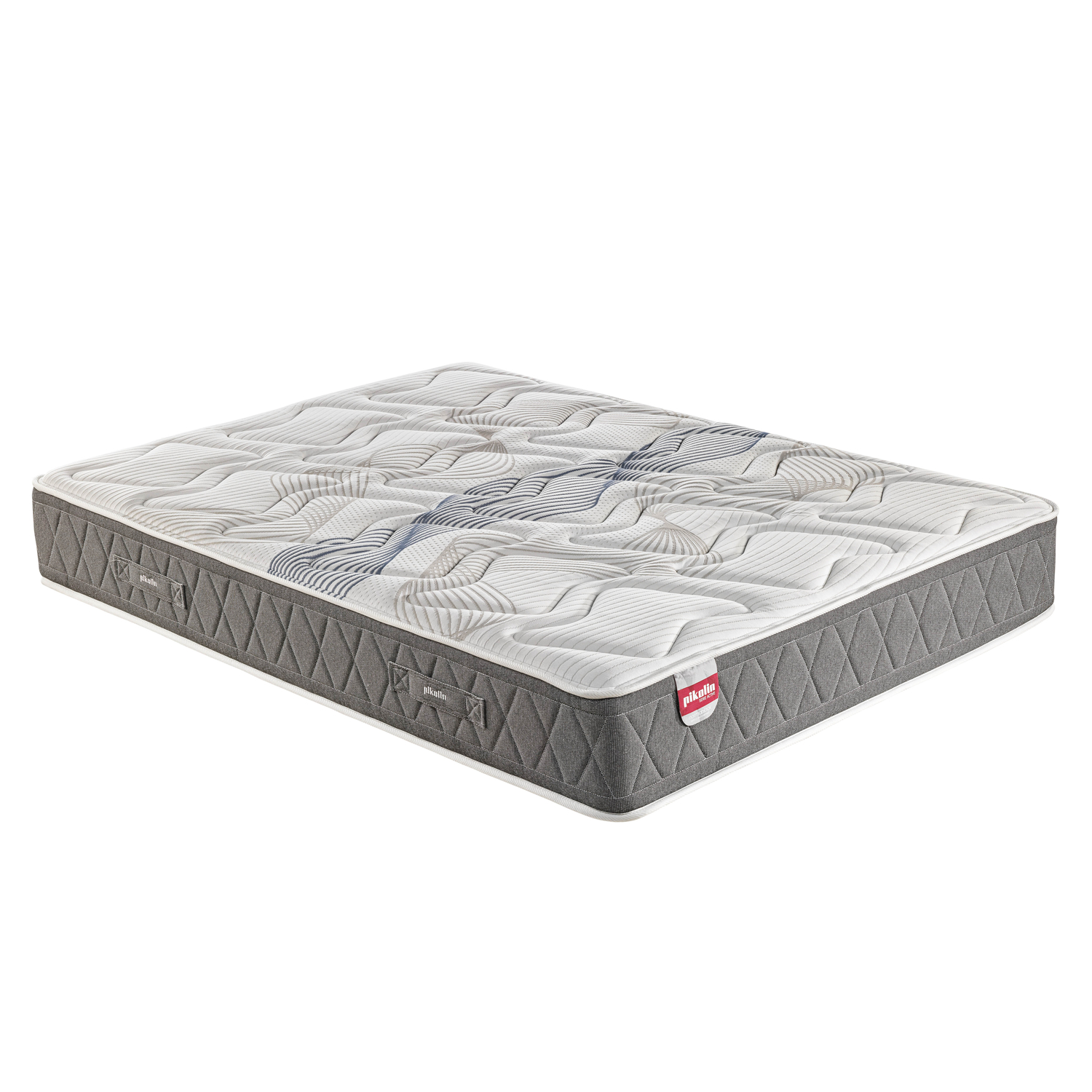 Colchón gris con estampado blanco y azul, sobre fondo blanco.
