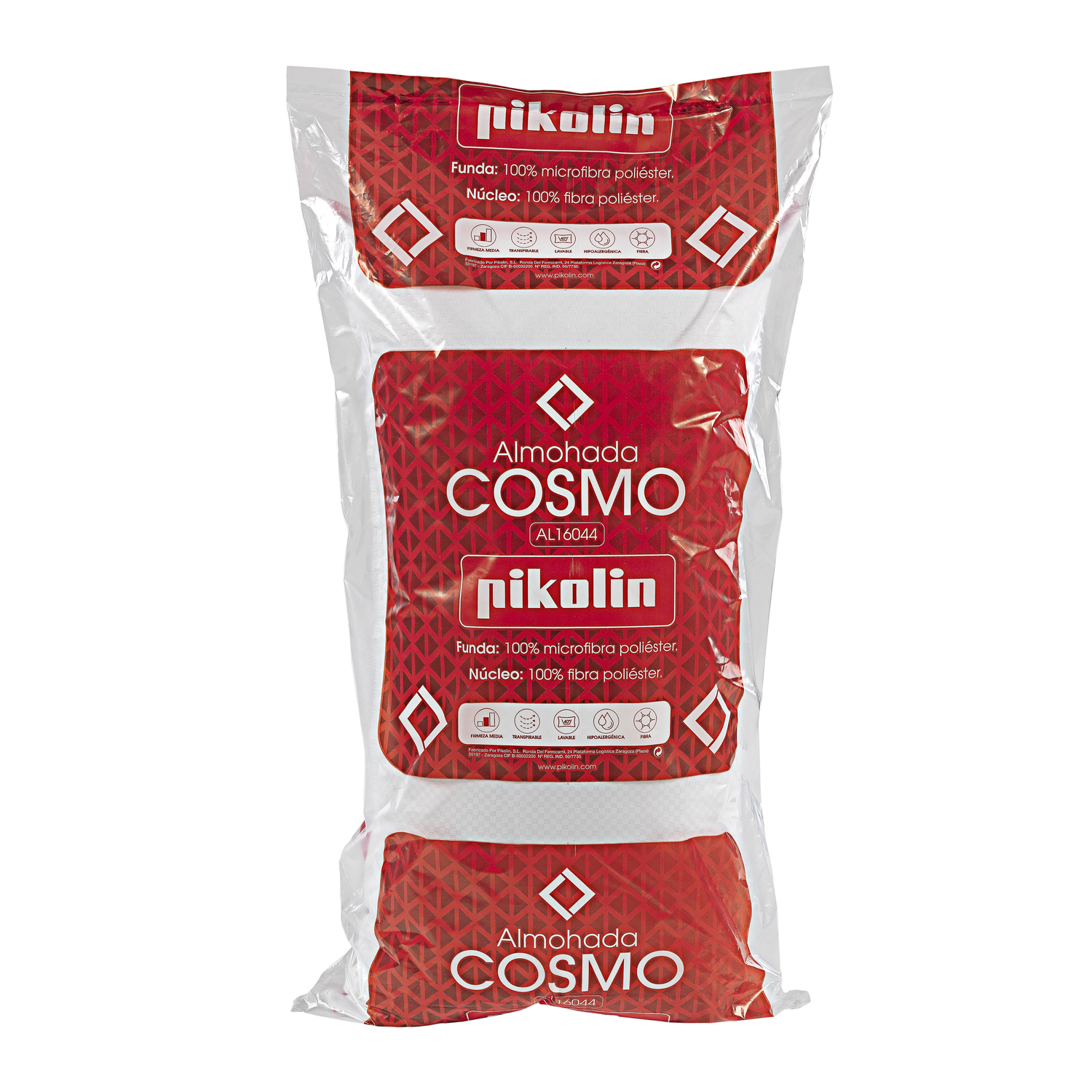 Embalaje con dos almohadas, rojo y blanco con logo Pikolin e información del producto.