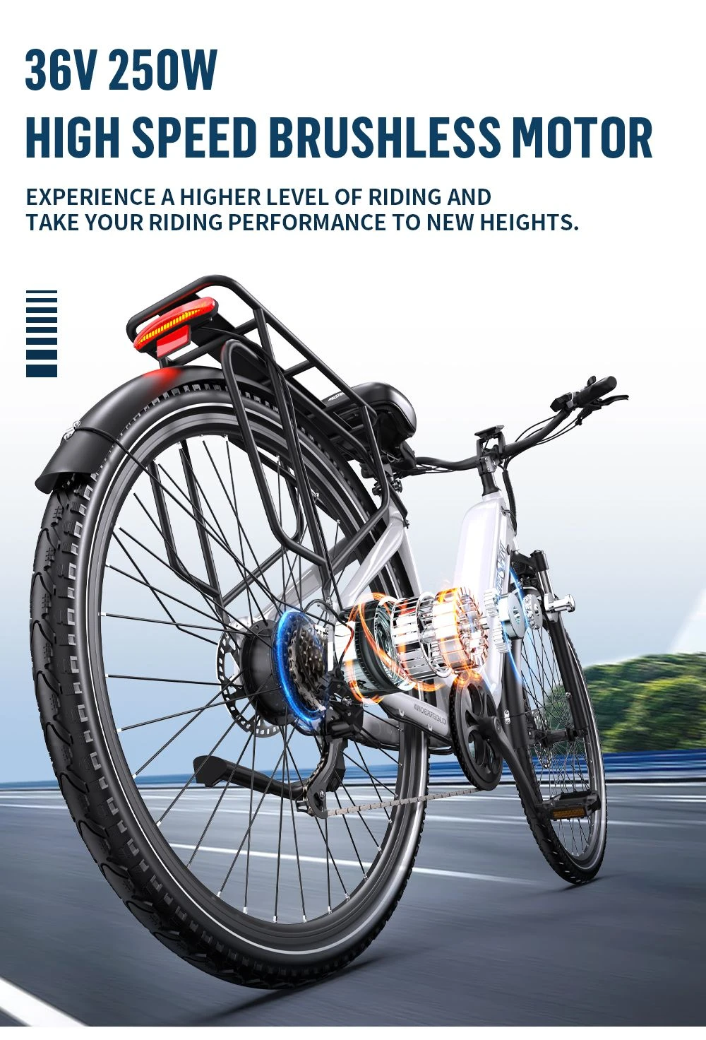 Un motore per bici elettrica da 36V 250W, mostrato in dettaglio con componenti luminosi.