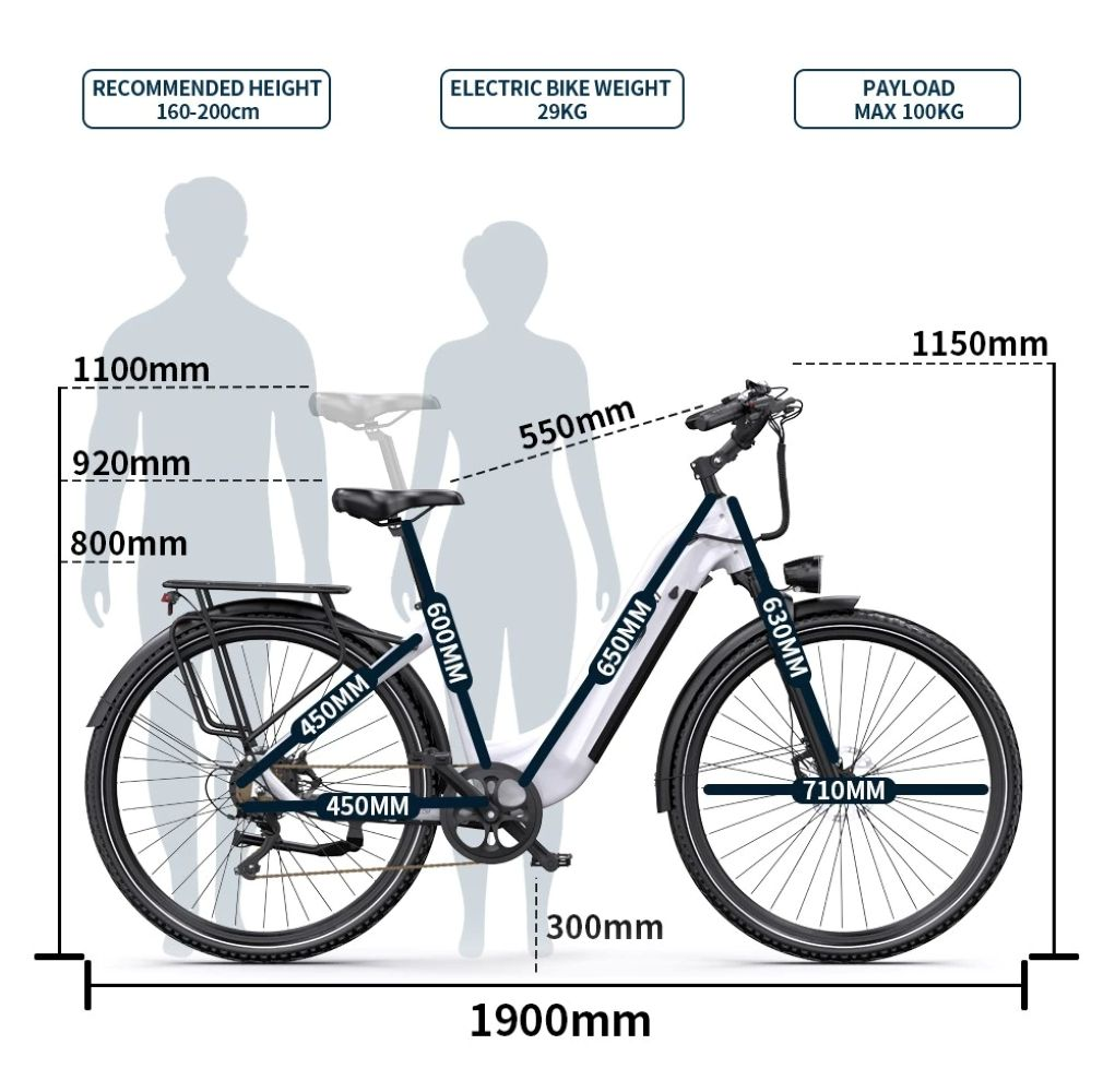 Diagramma di una bicicletta elettrica bianca con dimensioni e figure.