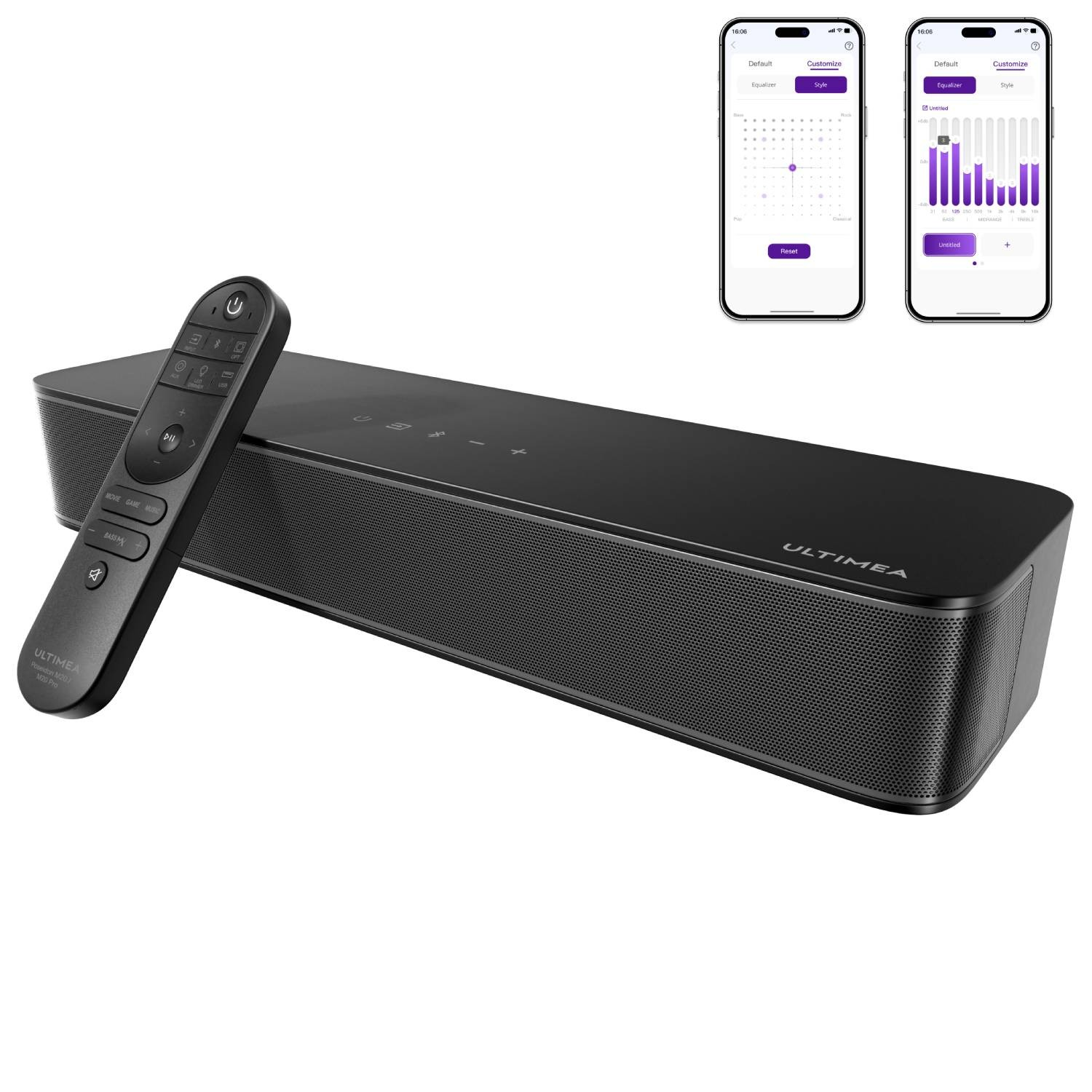 Czarna listwa dźwiękowa z pilotem i dwoma ekranami telefonów pokazującymi ustawienia korektora.